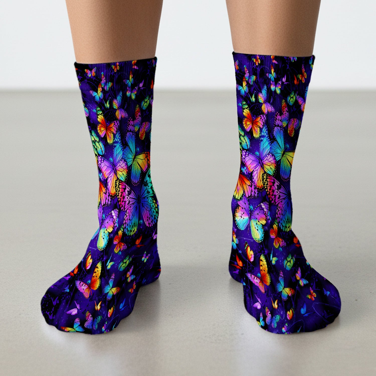 Vibrant Rainbow Butterfly Galaxy Pattern Socks, Adult Socks for Men and Women