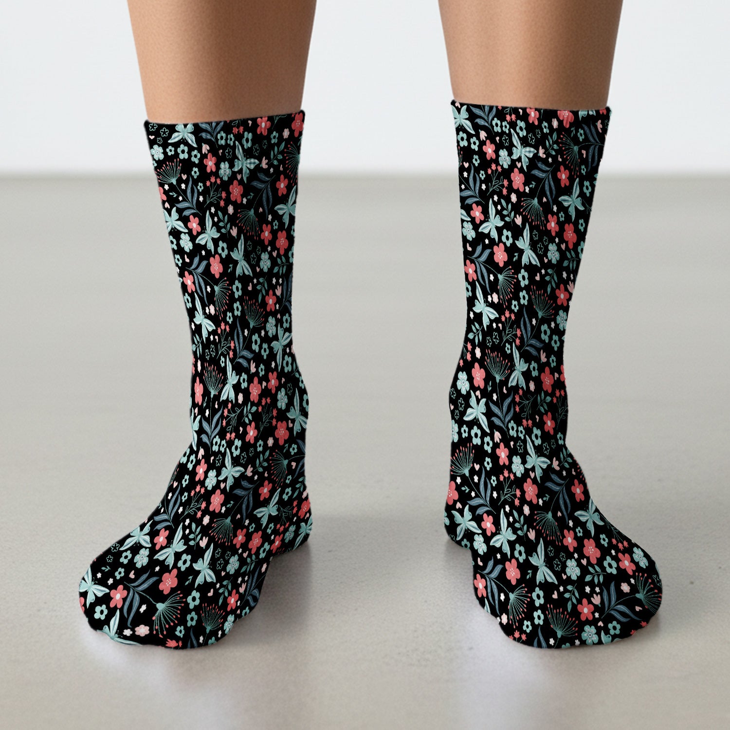 Cute Floral Butterfly Garden Print Socks, Adult Socks for Men and Women