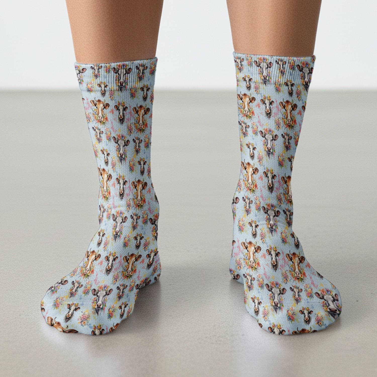 Cute Floral Cow Farm Animal Pattern Socks, Adult Socks for Men and Women