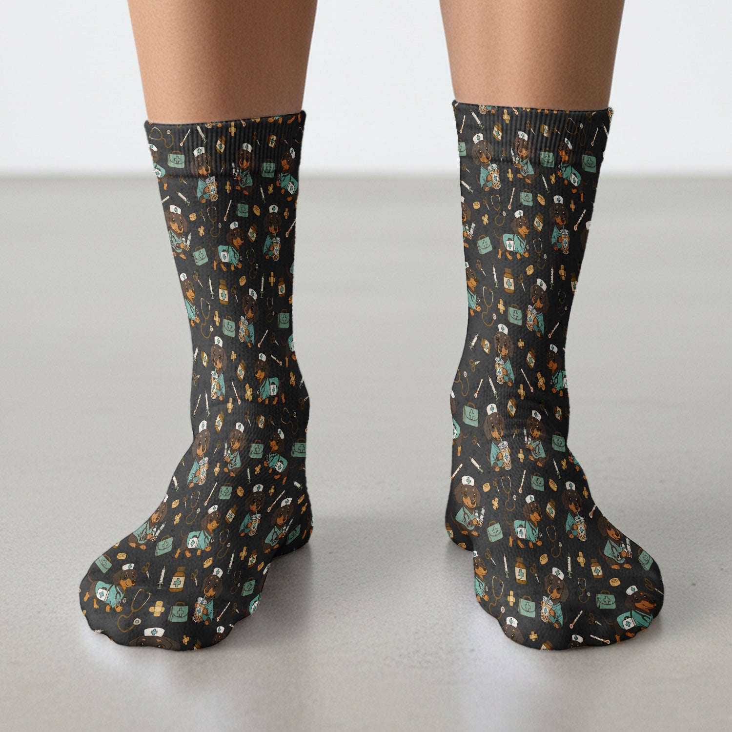 Funny Dachshund Nurse Scrubs Socks - Cute Dog Print Medical Sock - Holiday Nurse Scrub Gift for RN CNA Doctor