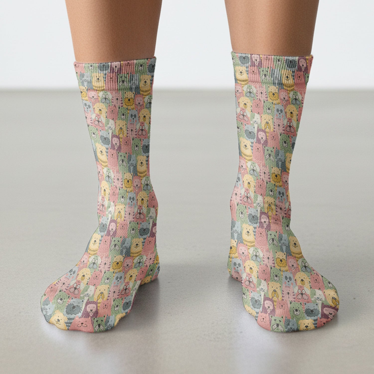 Cartoon Cat & Dog Faces Pattern Socks, Adult Socks for Men and Women