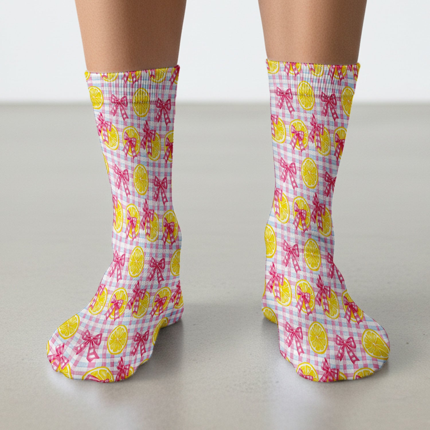 Cute Lemon Slice Pink Bow Gingham Pattern Socks, Adult Socks for Men and Women