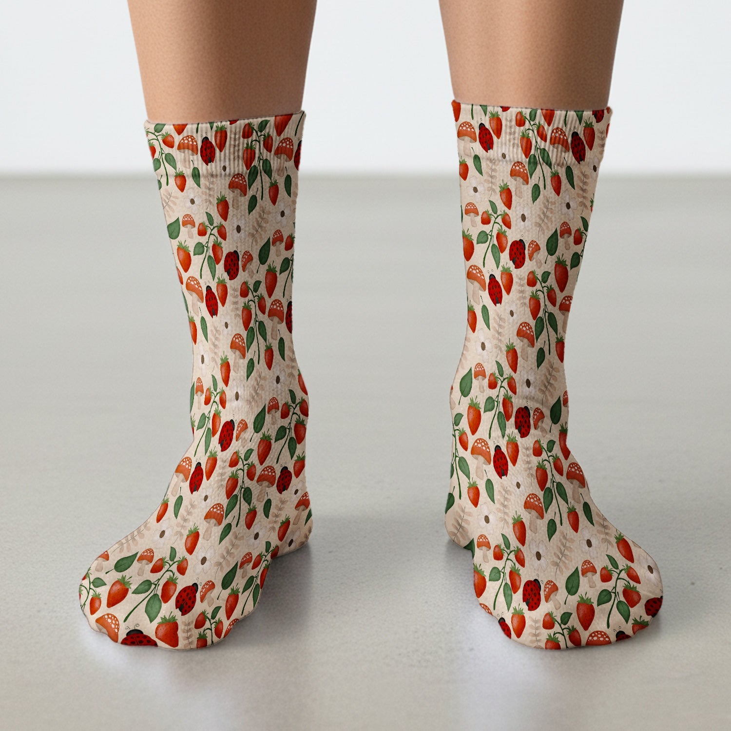 Strawberry Ladybug Mushroom Floral Socks, Adult Socks for Men and Women
