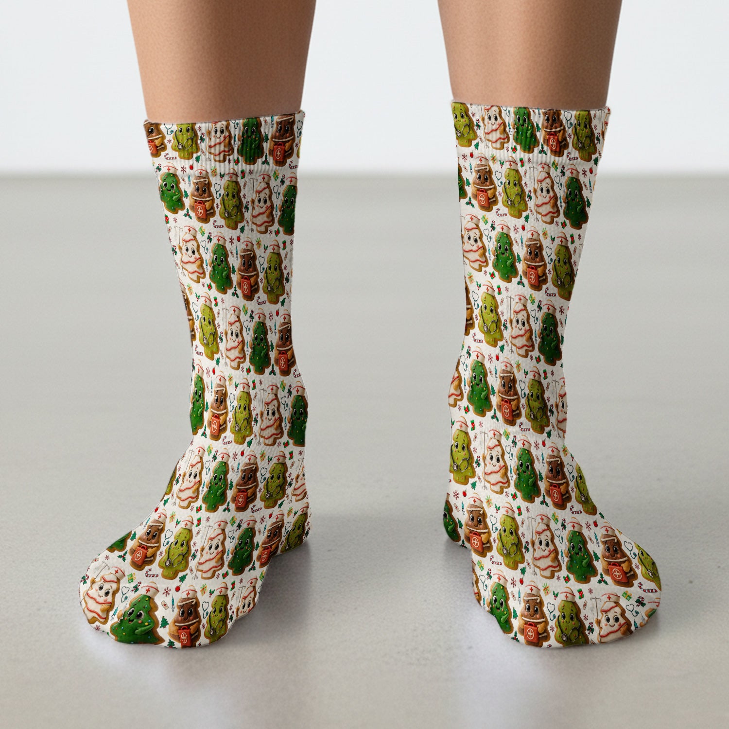Christmas Cookie Scrub Socks – Festive Nurse & Holiday Tree Pattern – Cute Medical Uniform for Nurses, Vets and Healthcare Workers