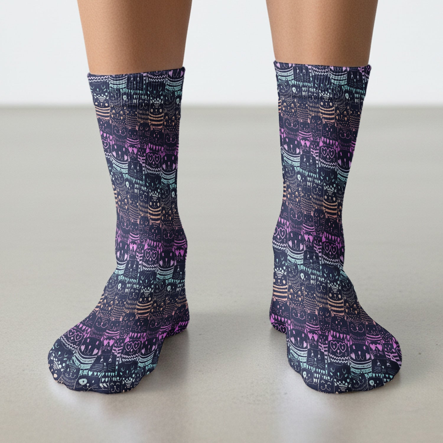 Cute Neon Cat Faces Pattern Socks, Adult Socks for Men and Women