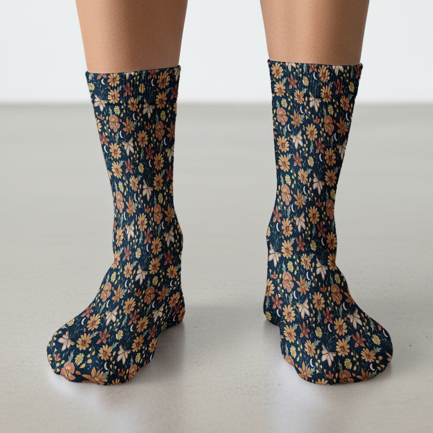 Charming Autumn Floral Butterfly Moon Pattern Socks, Adult Socks for Men and Women