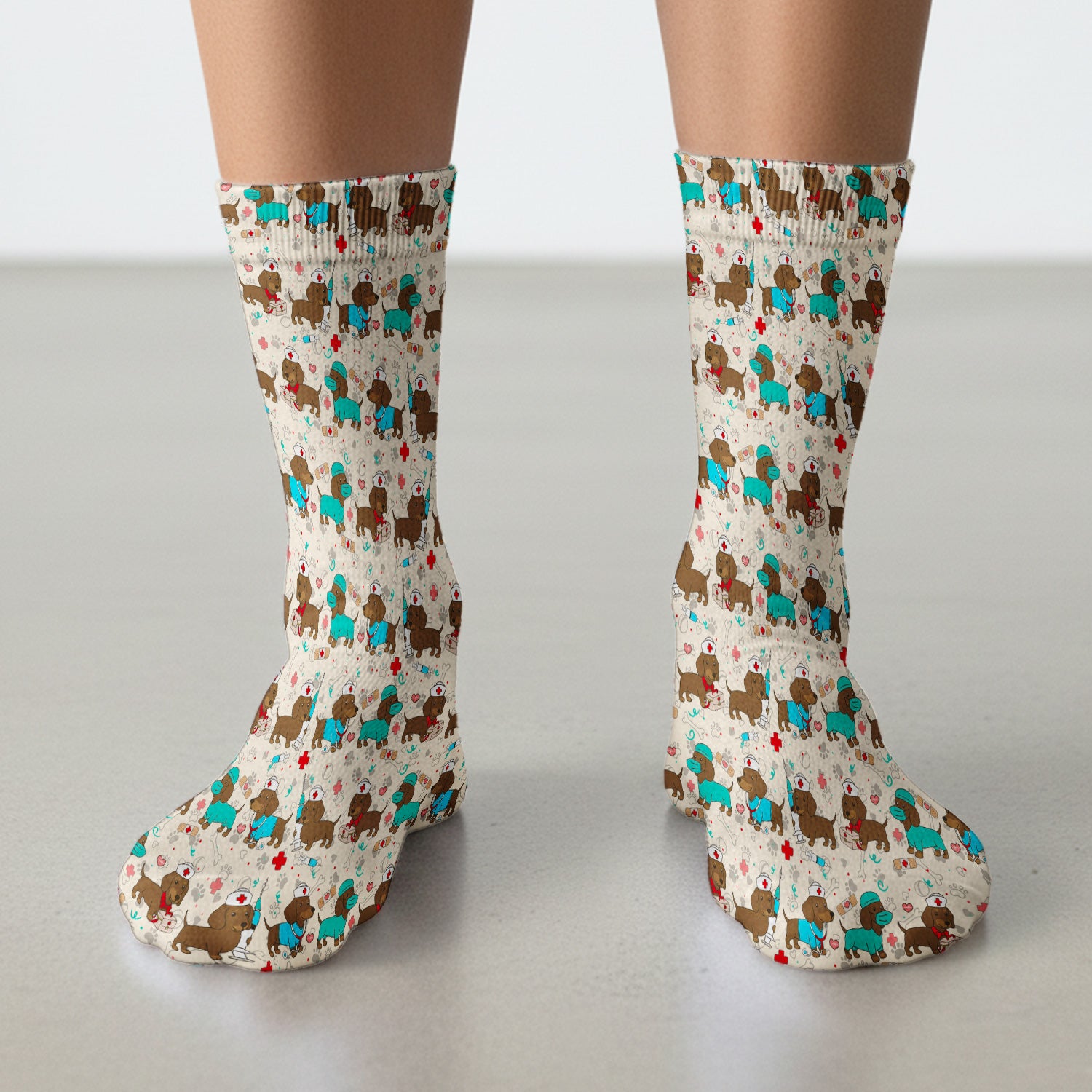 Cute Wiener Dog Dachshund Nurse Scrub Socks, Funny Dachshund Dog Scrubs Sock, Breathable Fabrics Nursing Uniform