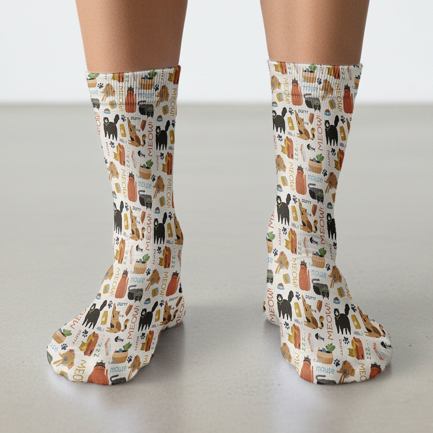 Meow Purr Cat Life Print Socks, Breathable Fabrics Medical Uniform