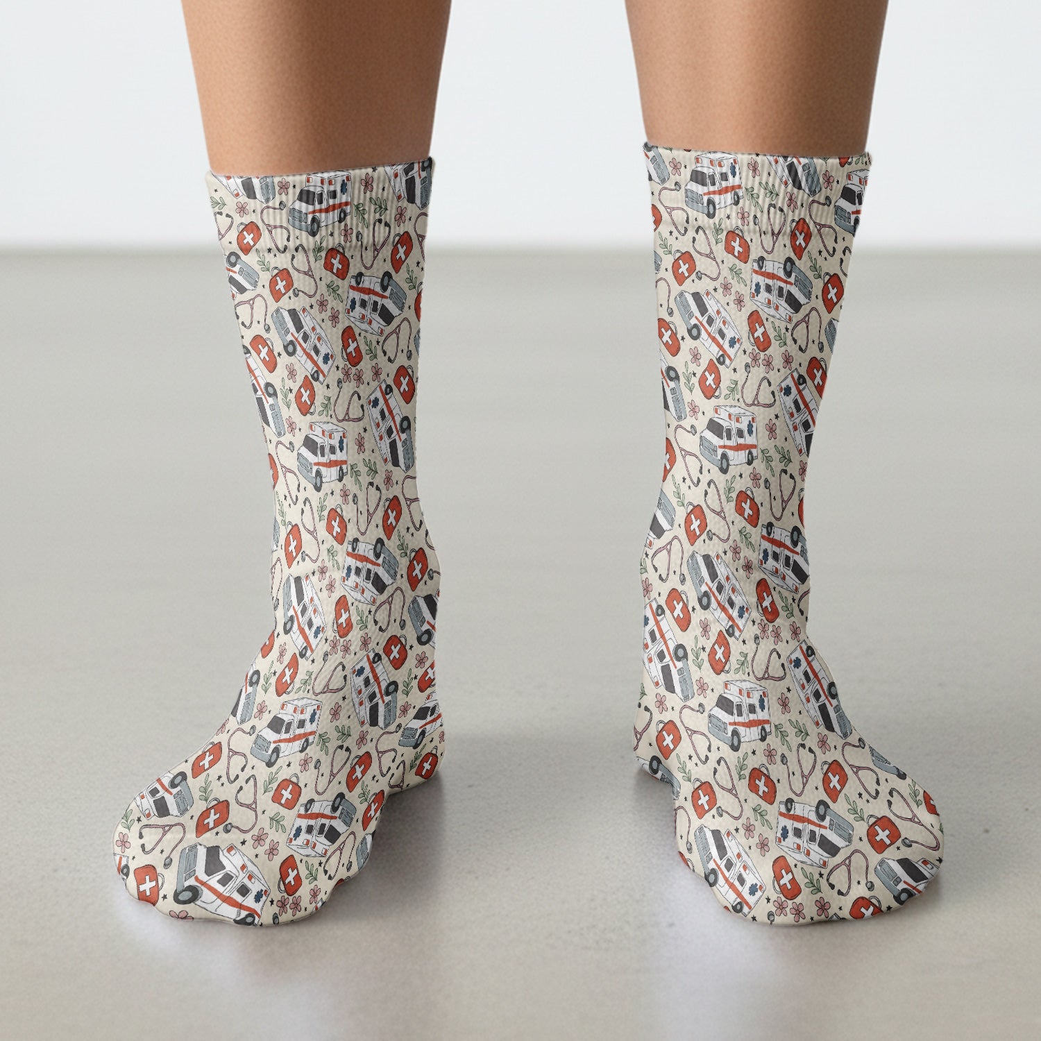 Ambulance Stethoscope First Aid Floral Pattern Socks, Adult Socks for Men and Women
