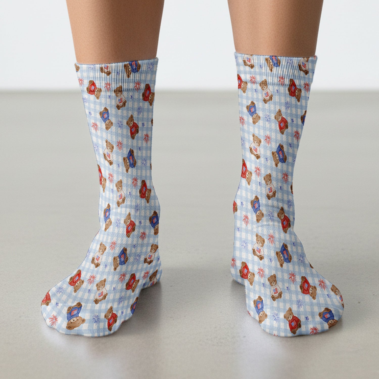 Cute Patriotic Teddy Bear Firework Gingham Pattern Socks, Adult Socks for Men and Women