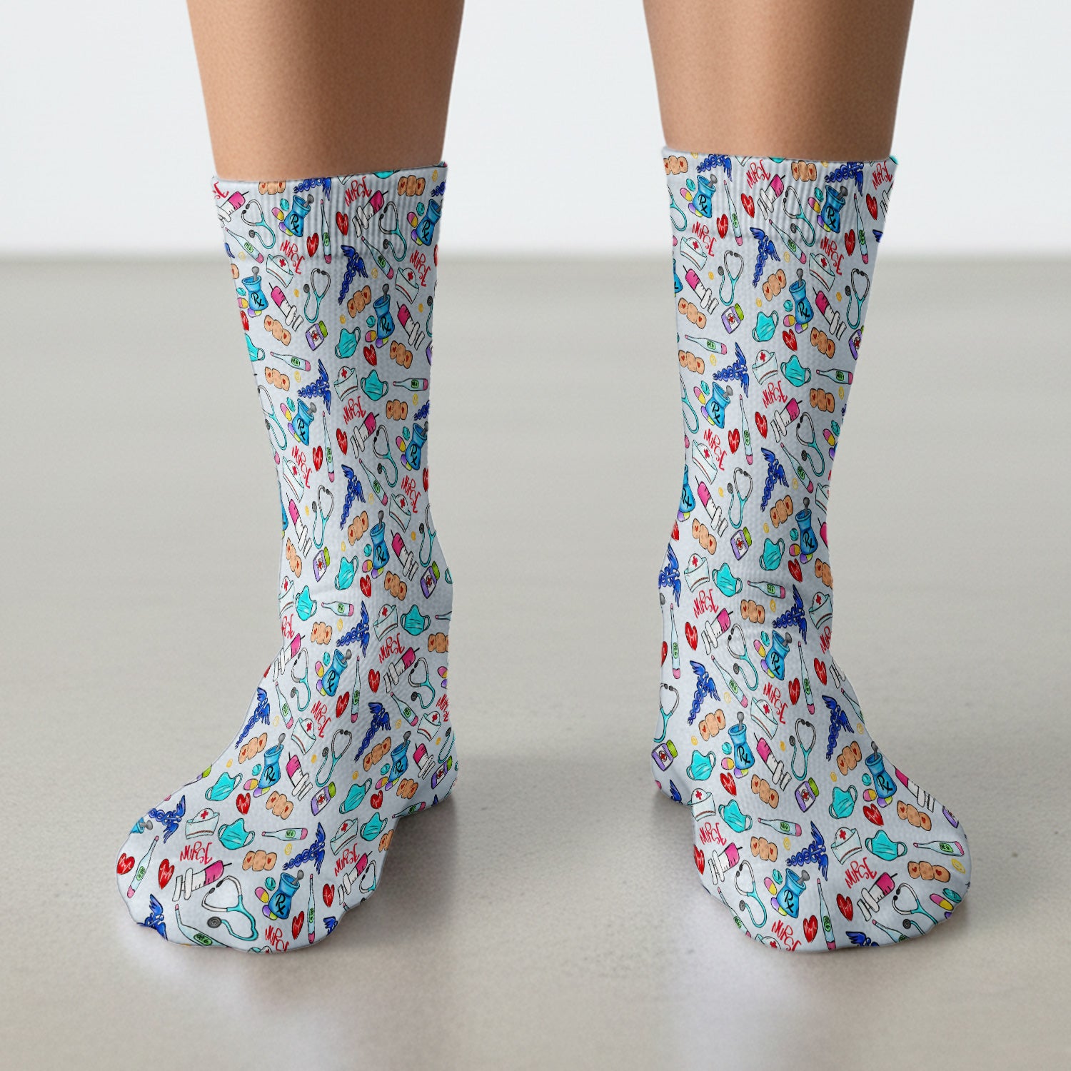 Nurse Medical Icons Stethoscope Heart Pattern Socks, Breathable Fabrics Medical Uniform