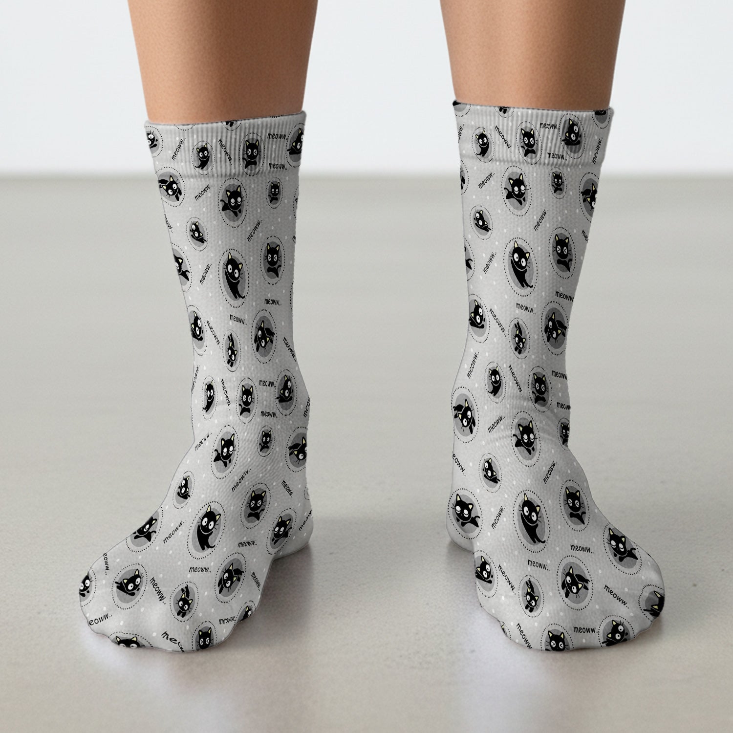 Funny Black Cat Meow Pattern Socks, Adult Socks for Men and Women