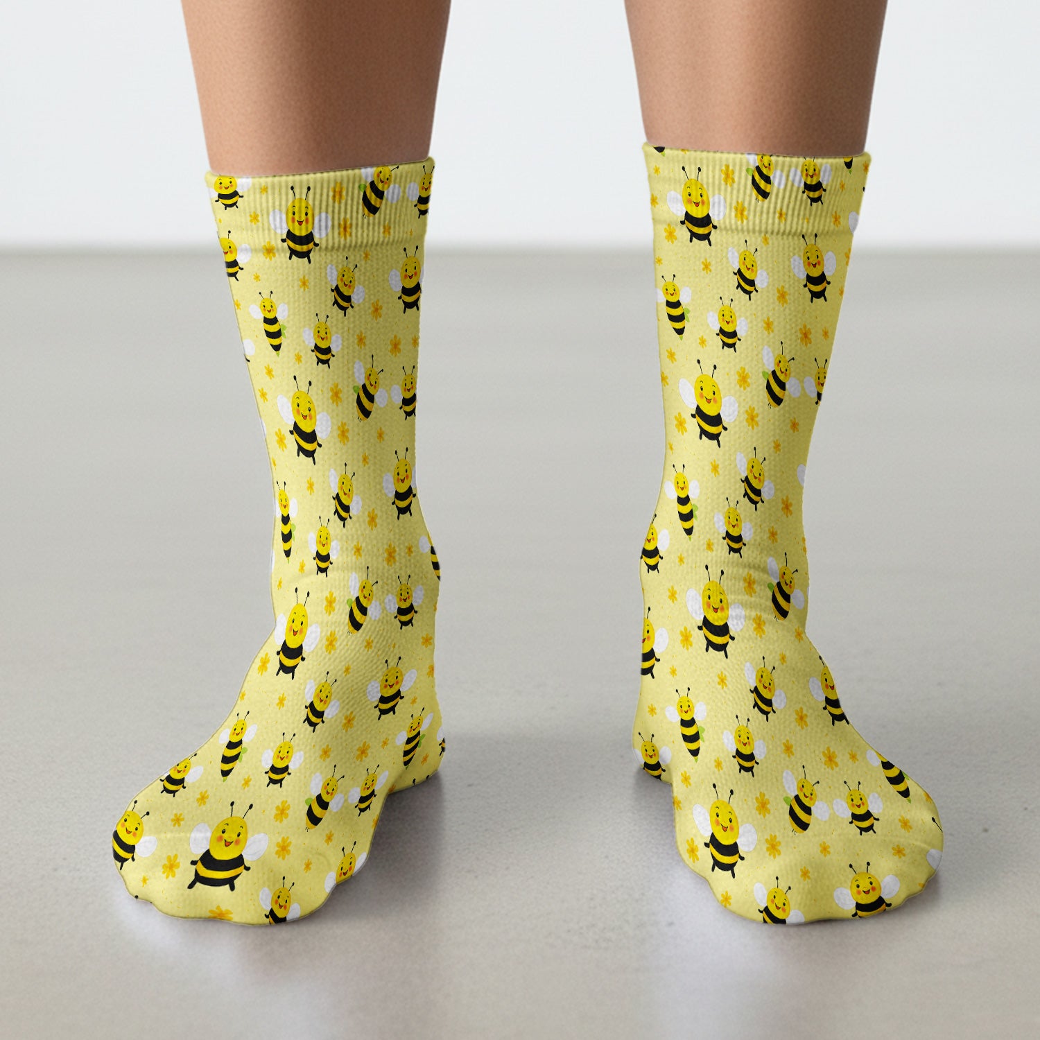 Cute Smiling Bee Yellow Floral Print Socks, Adult Socks for Men and Women