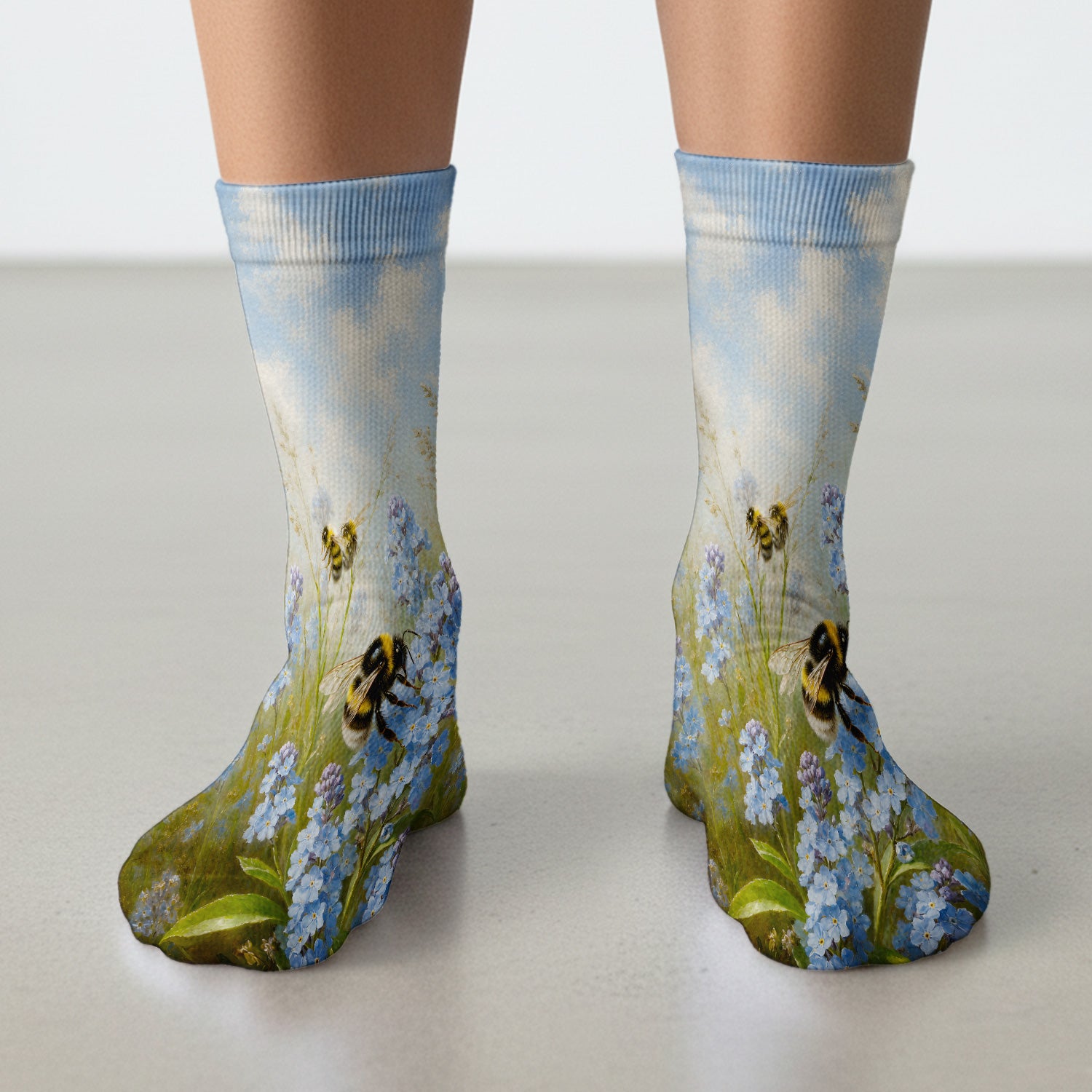 Whimsical Bumblebee Blue Blossom Pattern Socks, Adult Socks for Men and Women