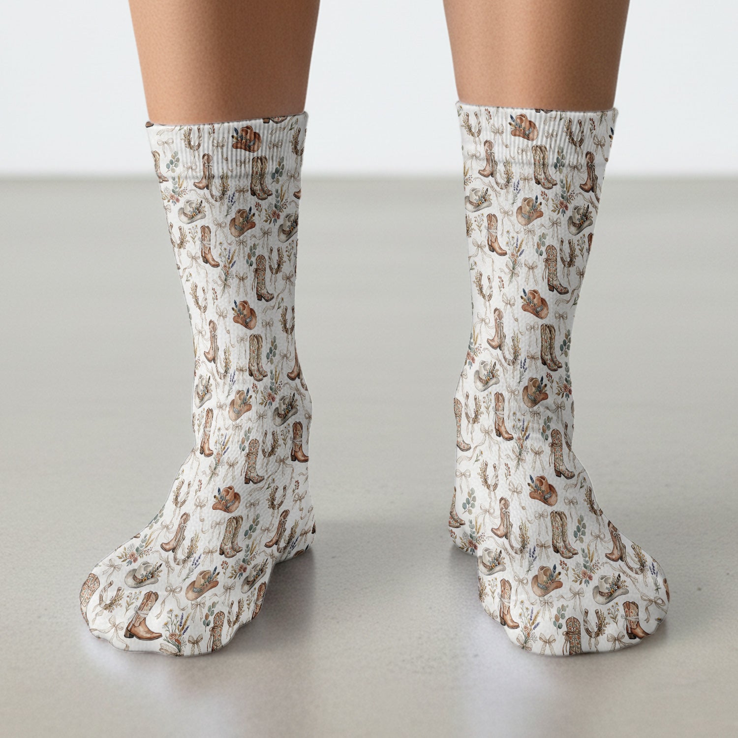 Western Cowboy Boots Hat Floral Pattern Socks, Adult Socks for Men and Women