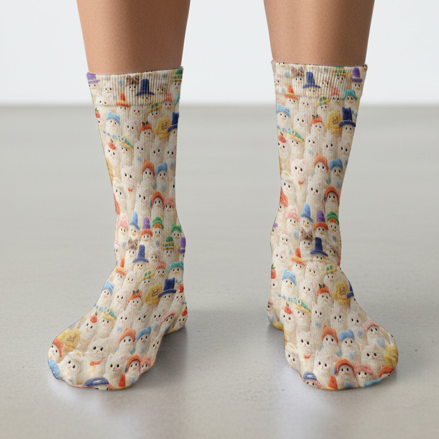 Adorable Cats Wearing Colorful Hats Pattern Socks, Adult Socks for Men and Women
