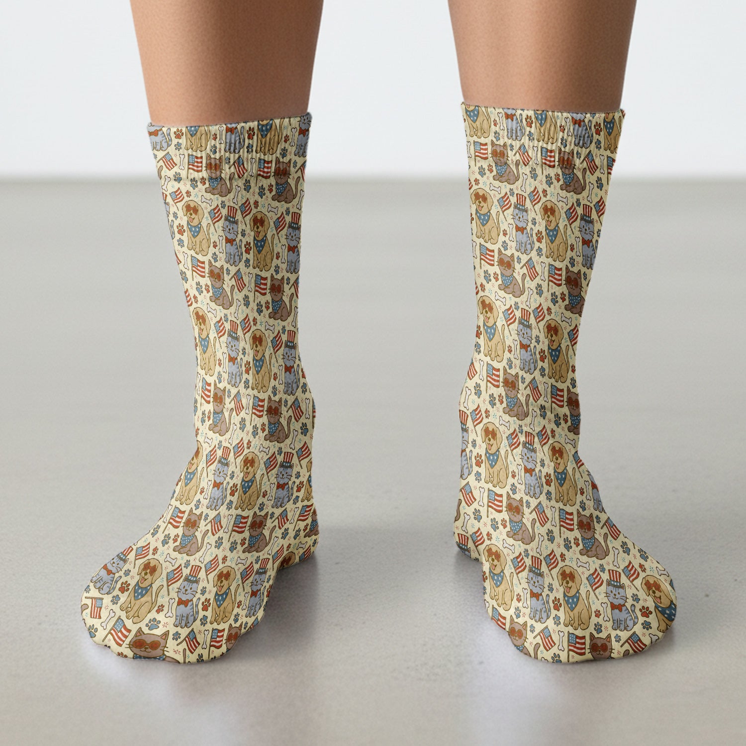 American Flag Patriotic Cat & Dog Pattern Socks, Adult Socks for Men and Women