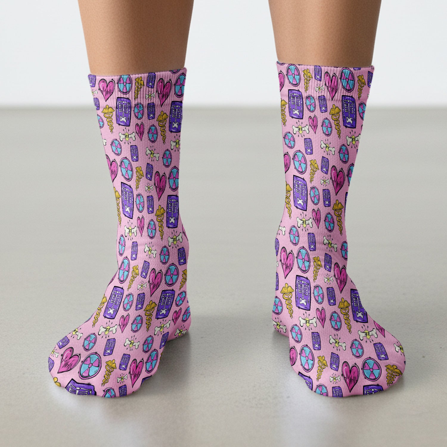 Sassy Nurse Heart Bone Caduceus Xray Icon Print Nurse Socks, Adult Socks for Men and Women