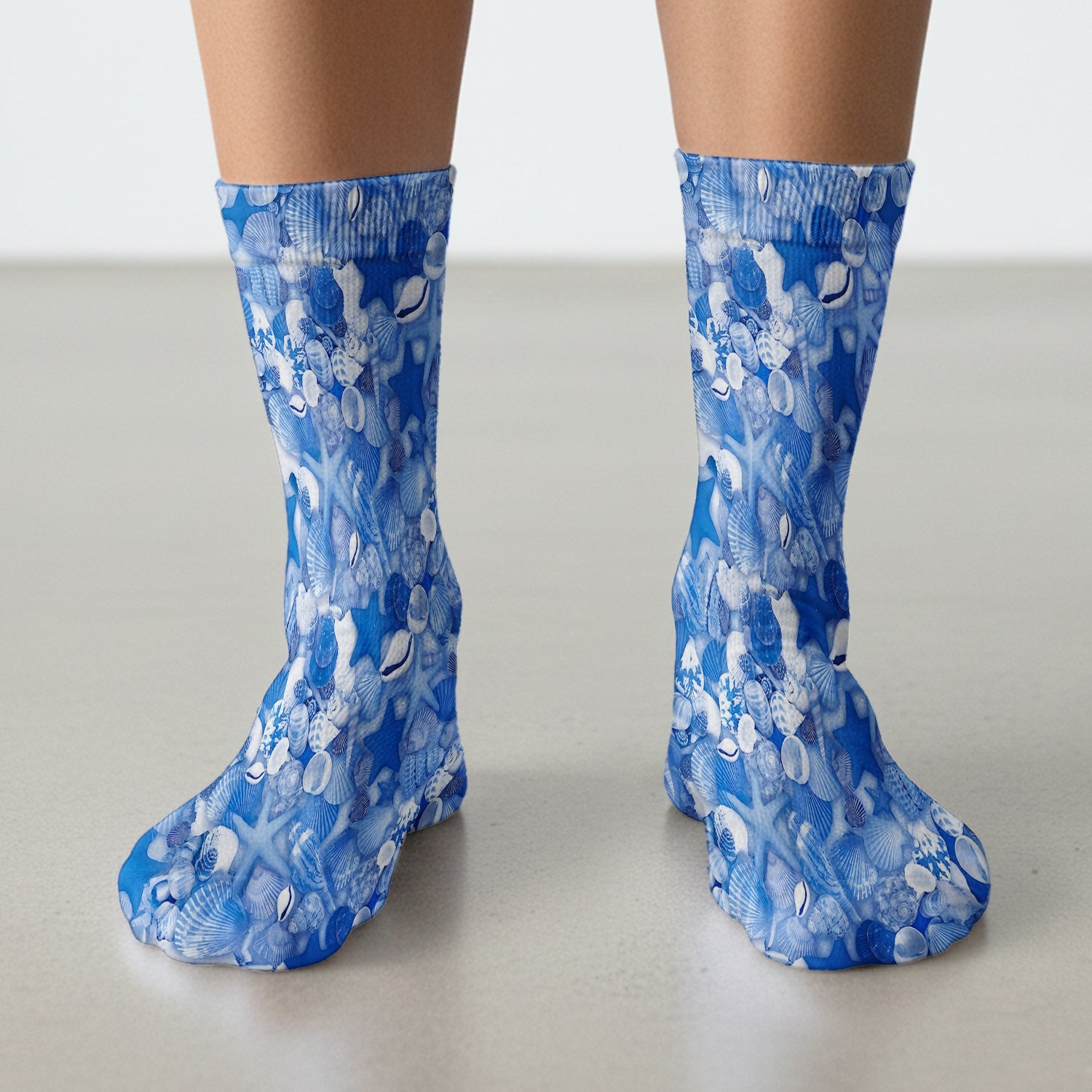 Blue Seashell Starfish Ocean Pattern Socks, Adult Socks for Men and Women