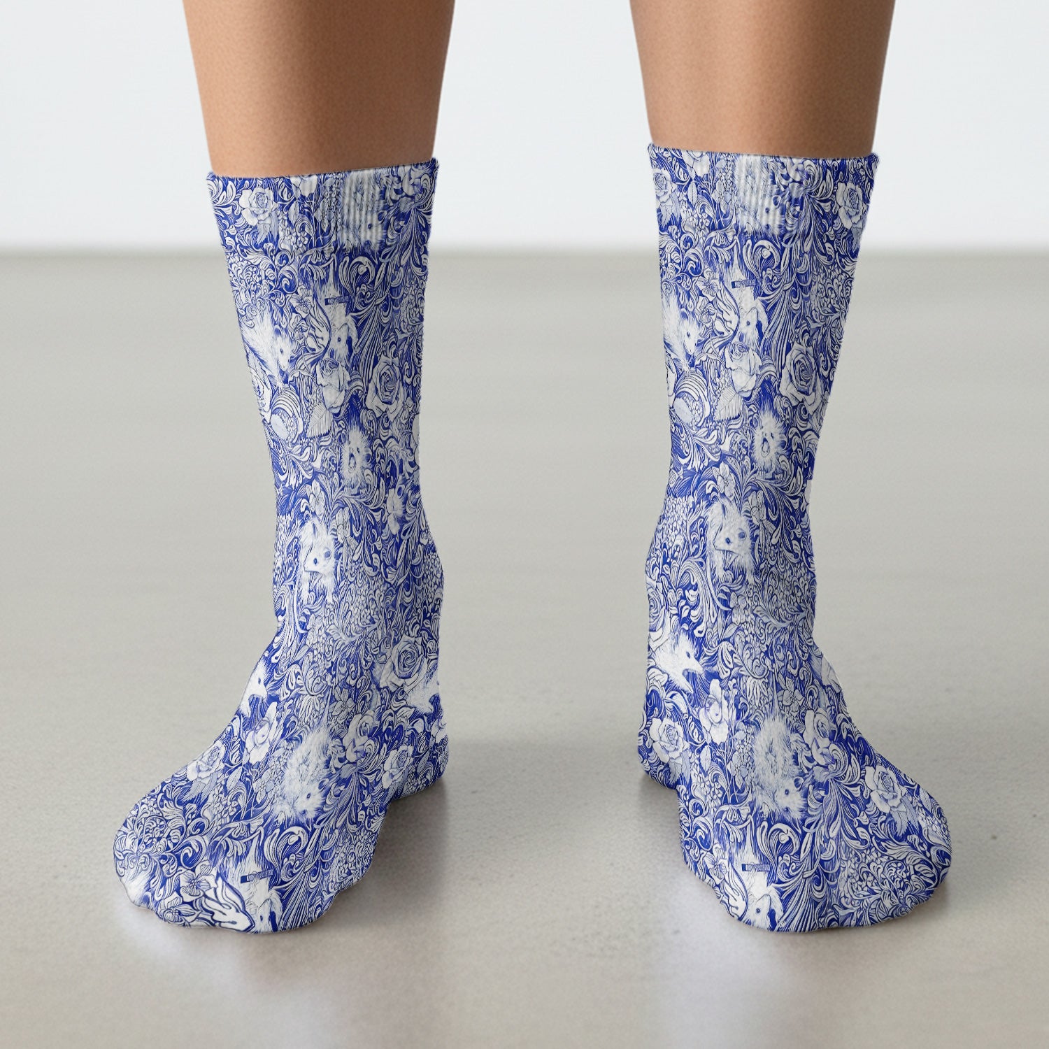 Blue Toile Porcupine Floral Pattern Socks, Socks for Nurse Doctor