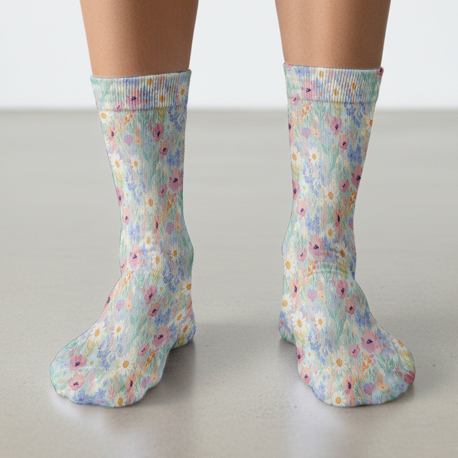 Pastel Wildflower Meadow Floral Pattern Socks, Adult Socks for Men and Women