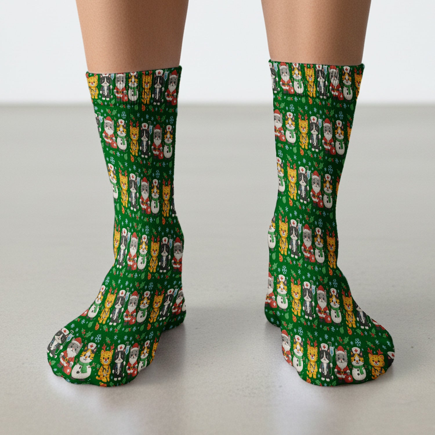 Christmas Cat Nurse Pattern Scrub Socks, Cute Holiday Kitty Medical Uniform Sock For Nursing