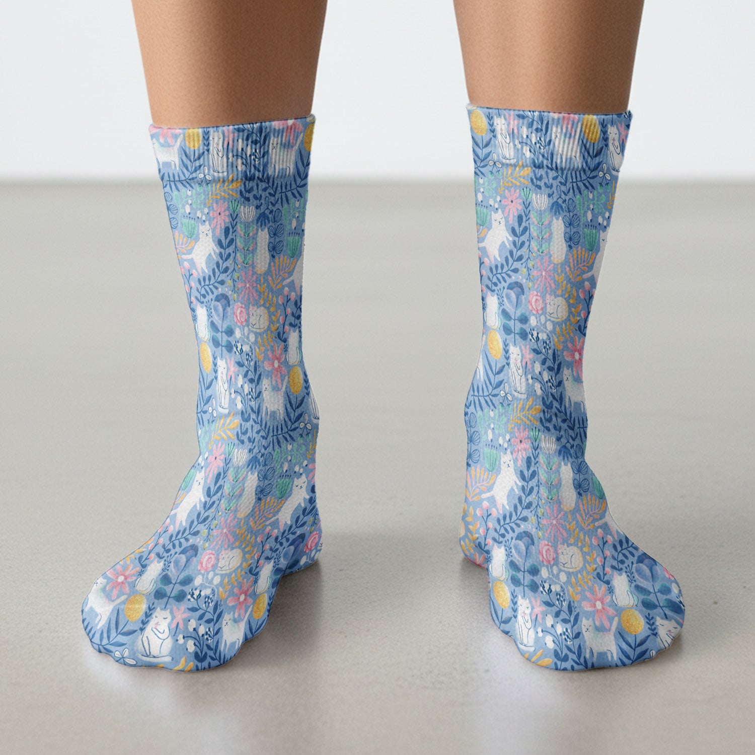 Whimsical Cat Floral Pattern Socks, Socks for Nurse Doctor