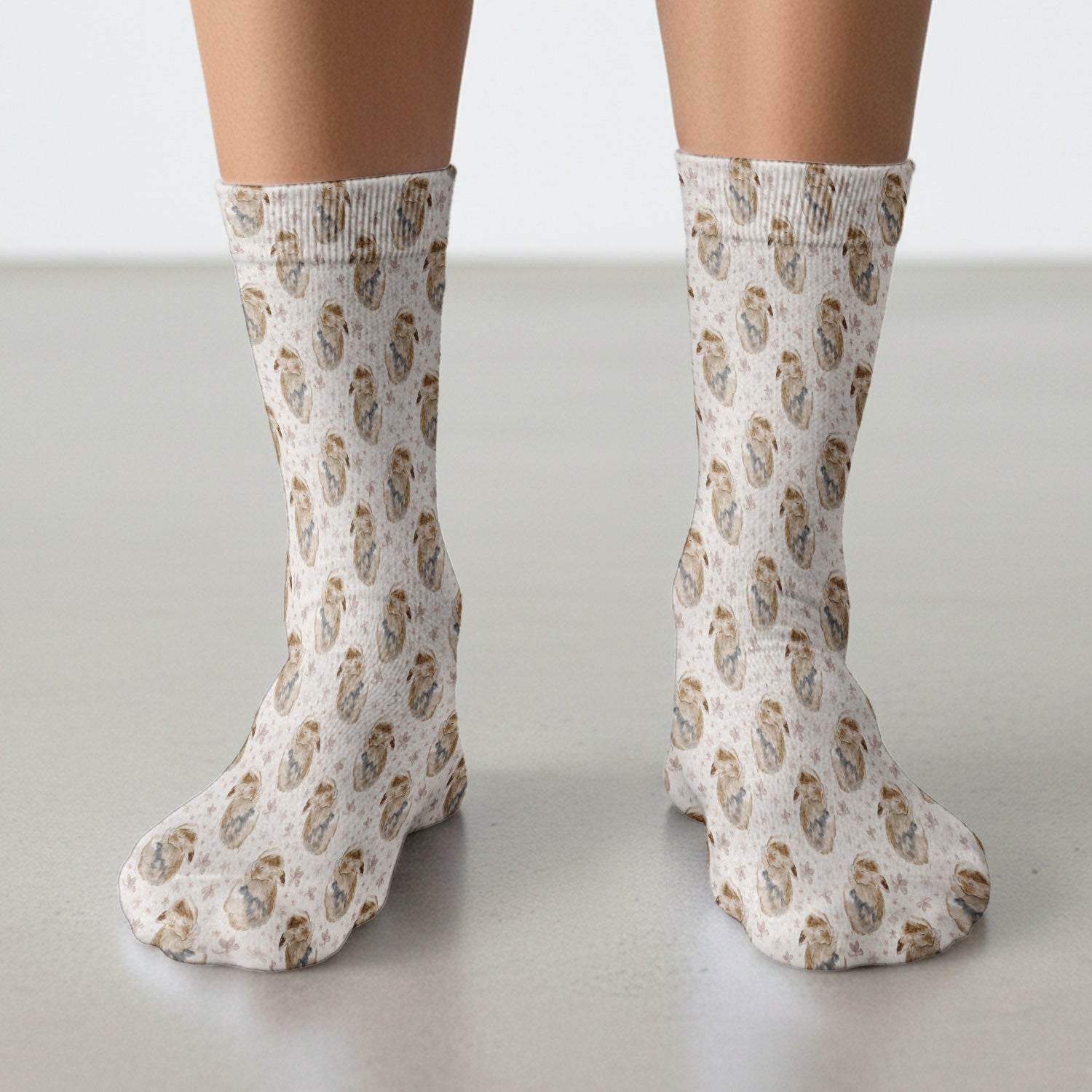 Cute Sleeping Bunny Floral Meadow Pattern Nurse Socks, Adult Socks for Men and Women