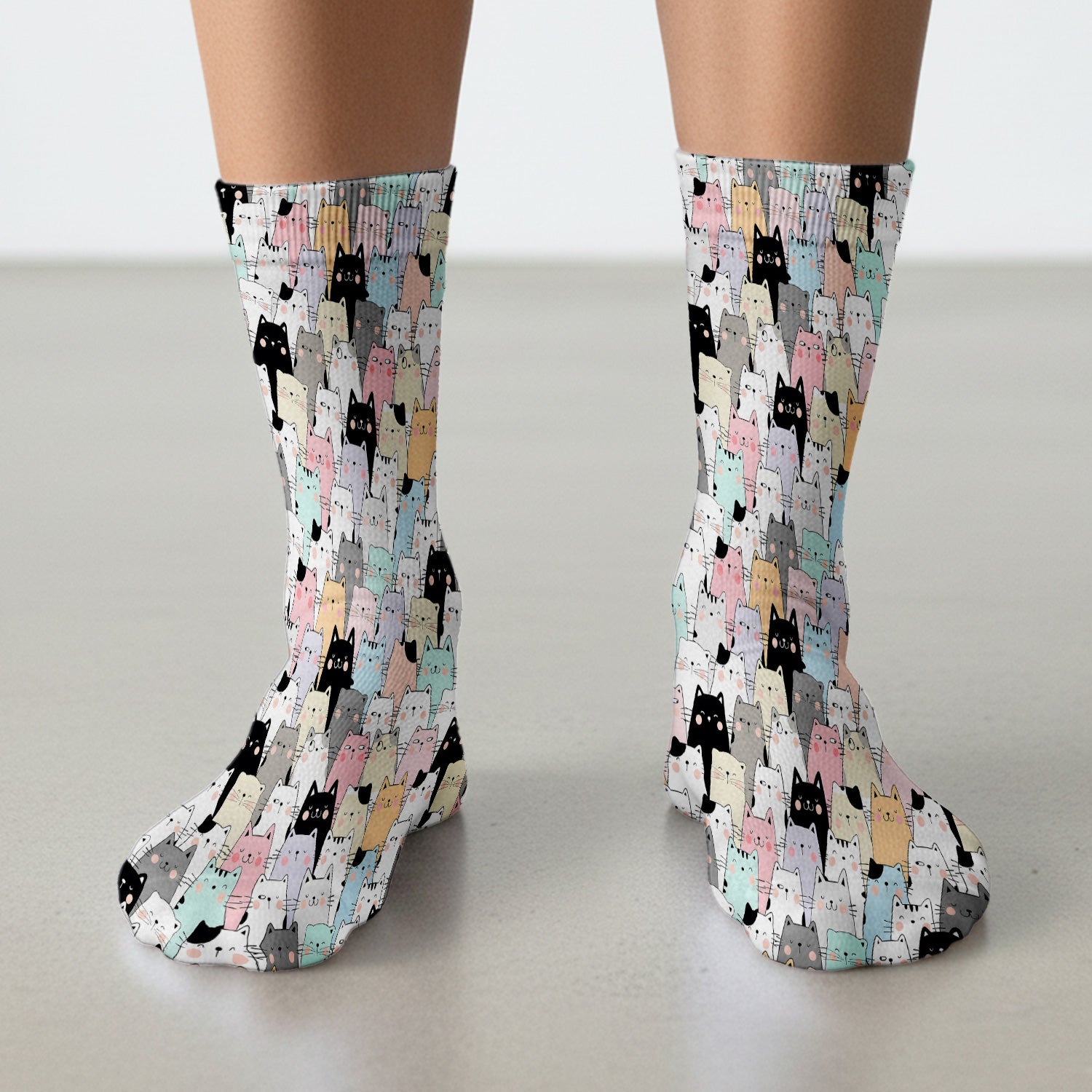 Playful Cartoon Cat Crowd Pattern Print Socks, Socks for Nurse Doctor