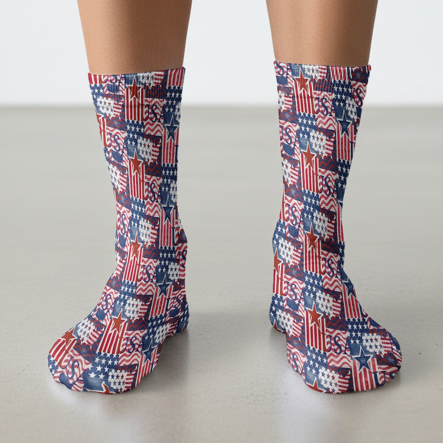 Patriotic USA Star Patchwork Pattern Socks, Adult Socks for Men and Women