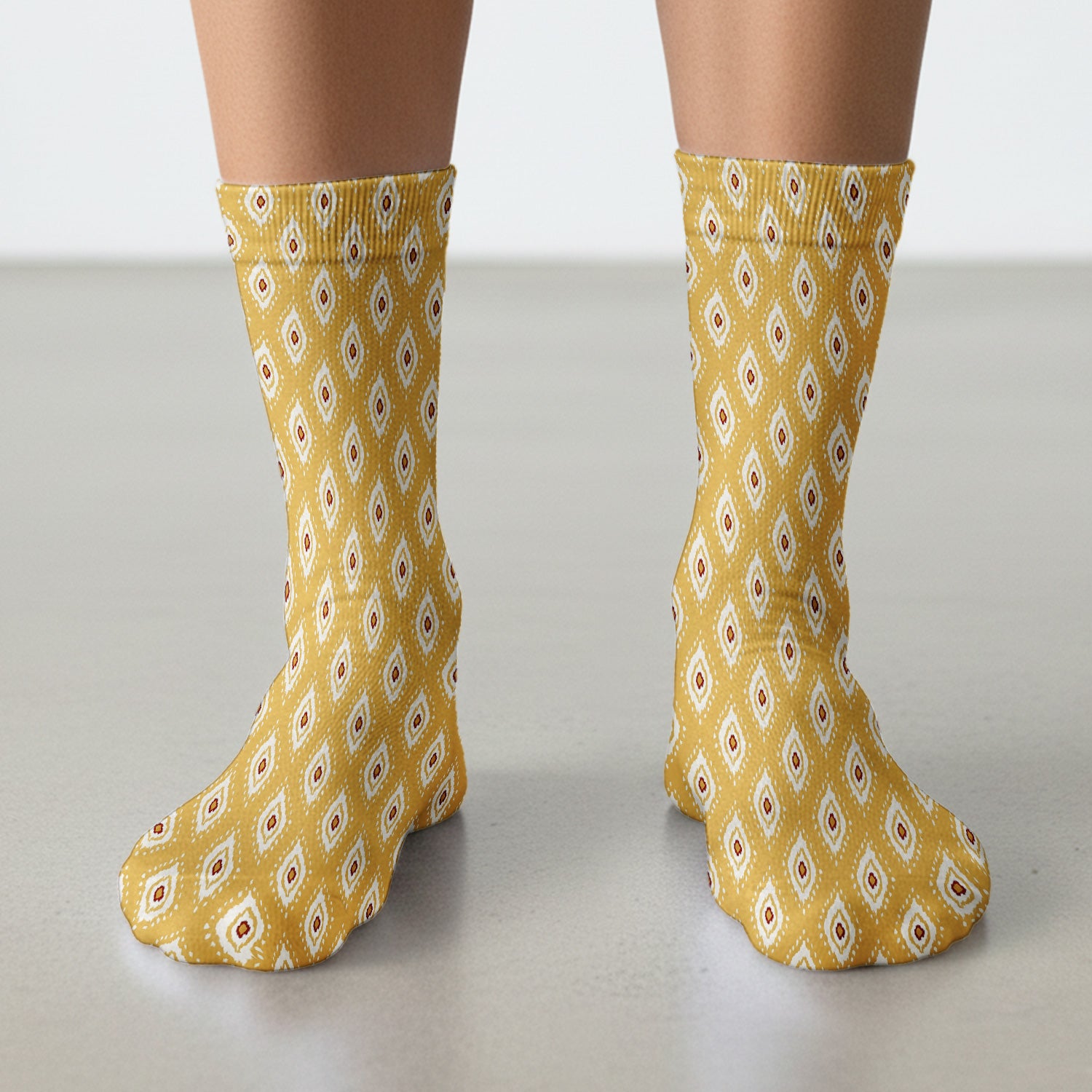 Cute Mustard Geometric Ikat Nurse Pattern Socks, Socks for Nurse Doctor