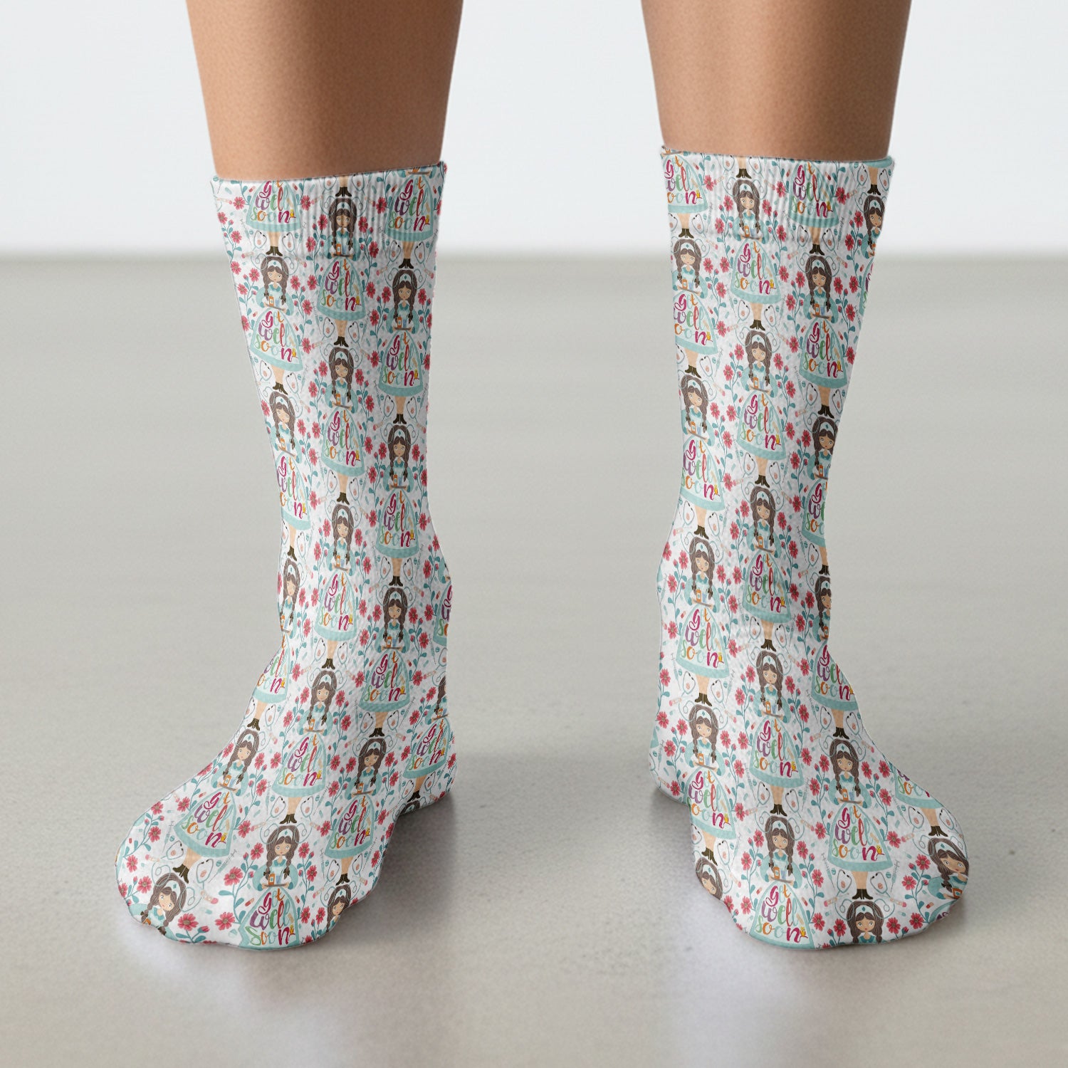 Get Well Soon Girl Floral Caring Pattern Socks, Adult Socks for Men and Women