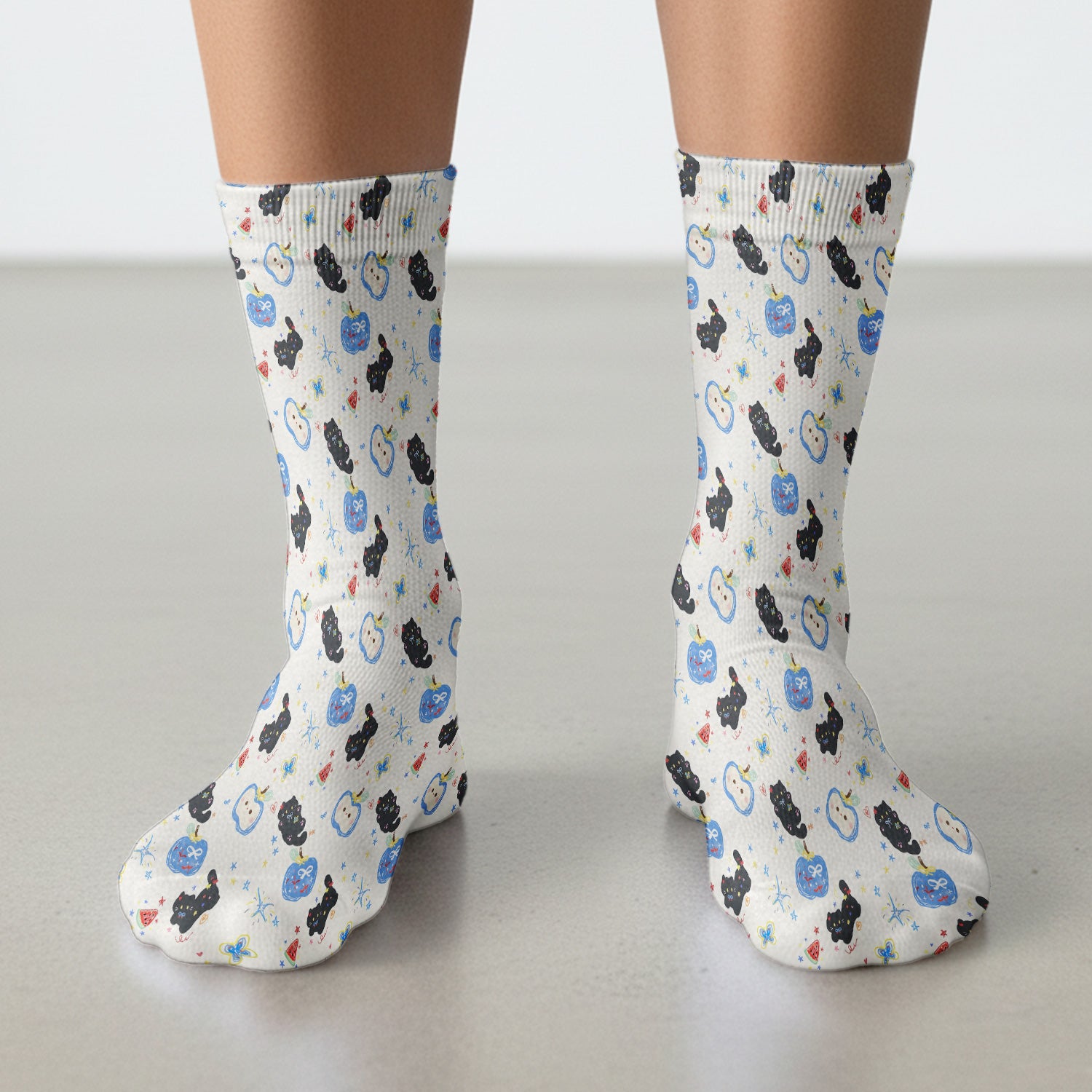 Cute Black Cat and Apple Print Crew Socks for Medical Professionals