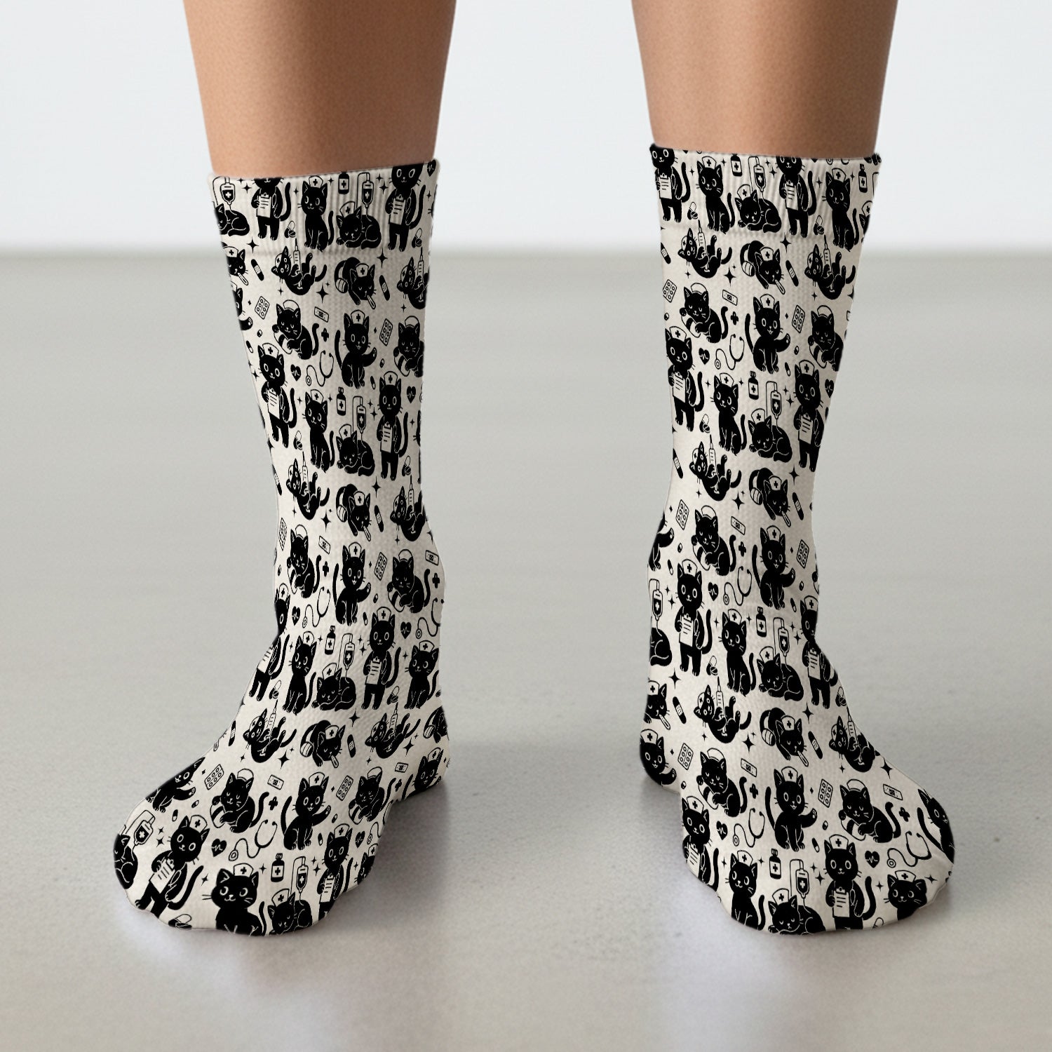 Cute Black Cat Nurse Pattern Socks, Adult Socks for Men and Women