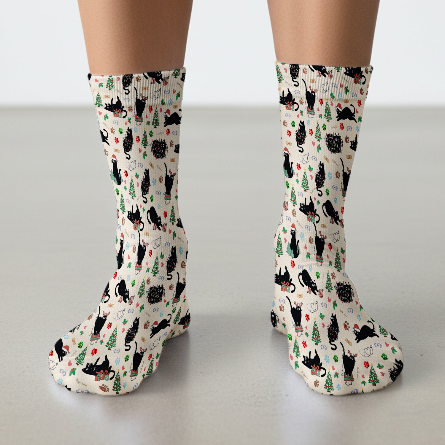 Black Cat Christmas Nurse Scrub Socks, Festive Kitty Medical Uniform for Women