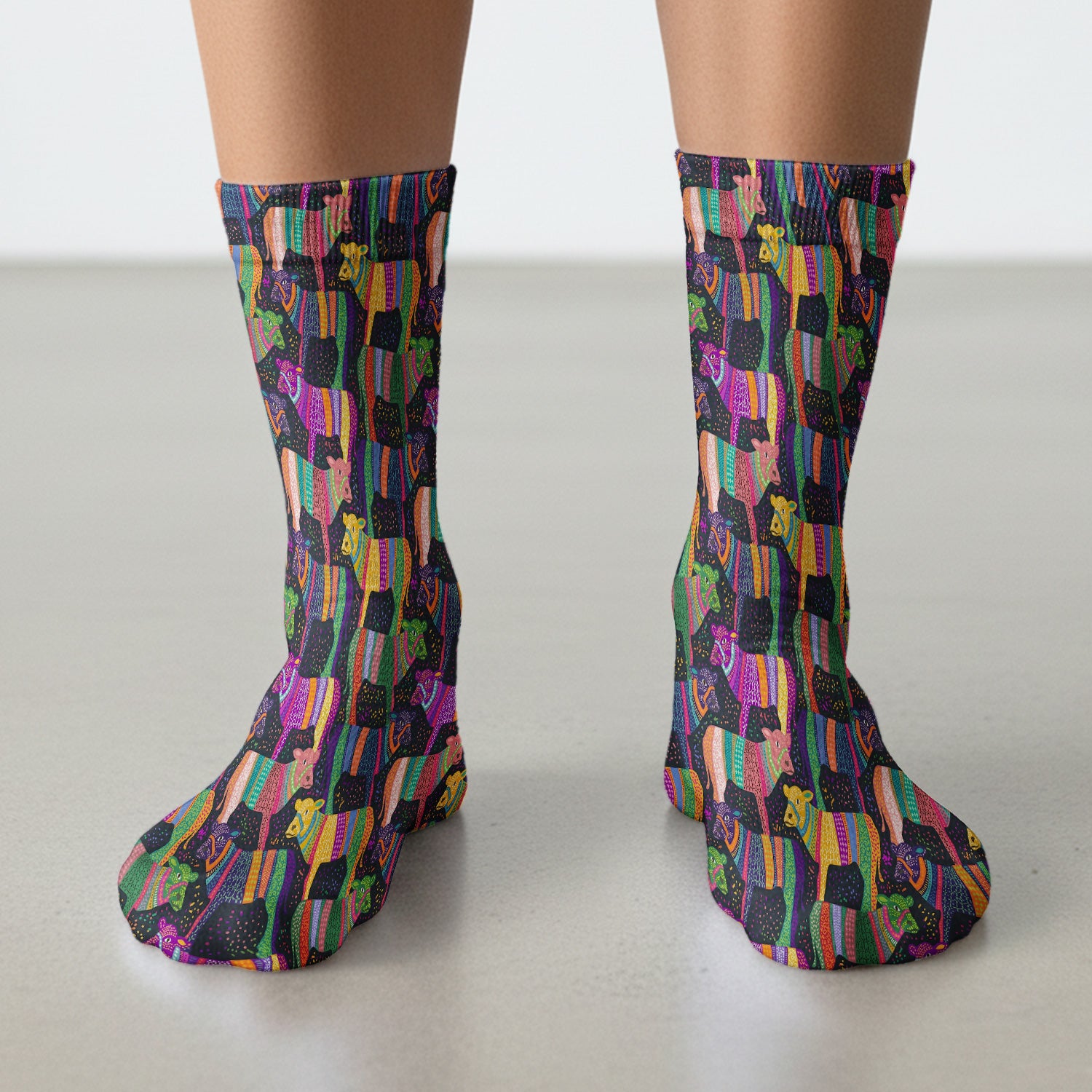 Vibrant Patchwork Rainbow Cow Pattern Socks, Socks for Nurse Doctor