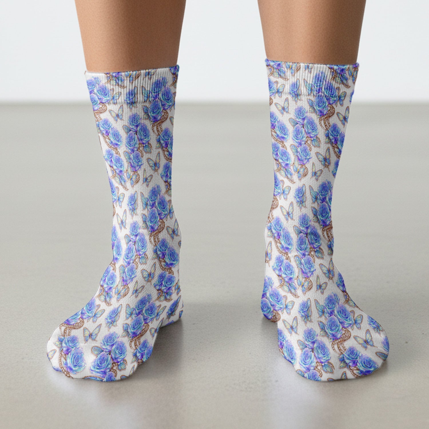 Blue Rose Butterfly Floral Print Socks, Socks for Nurse Doctor