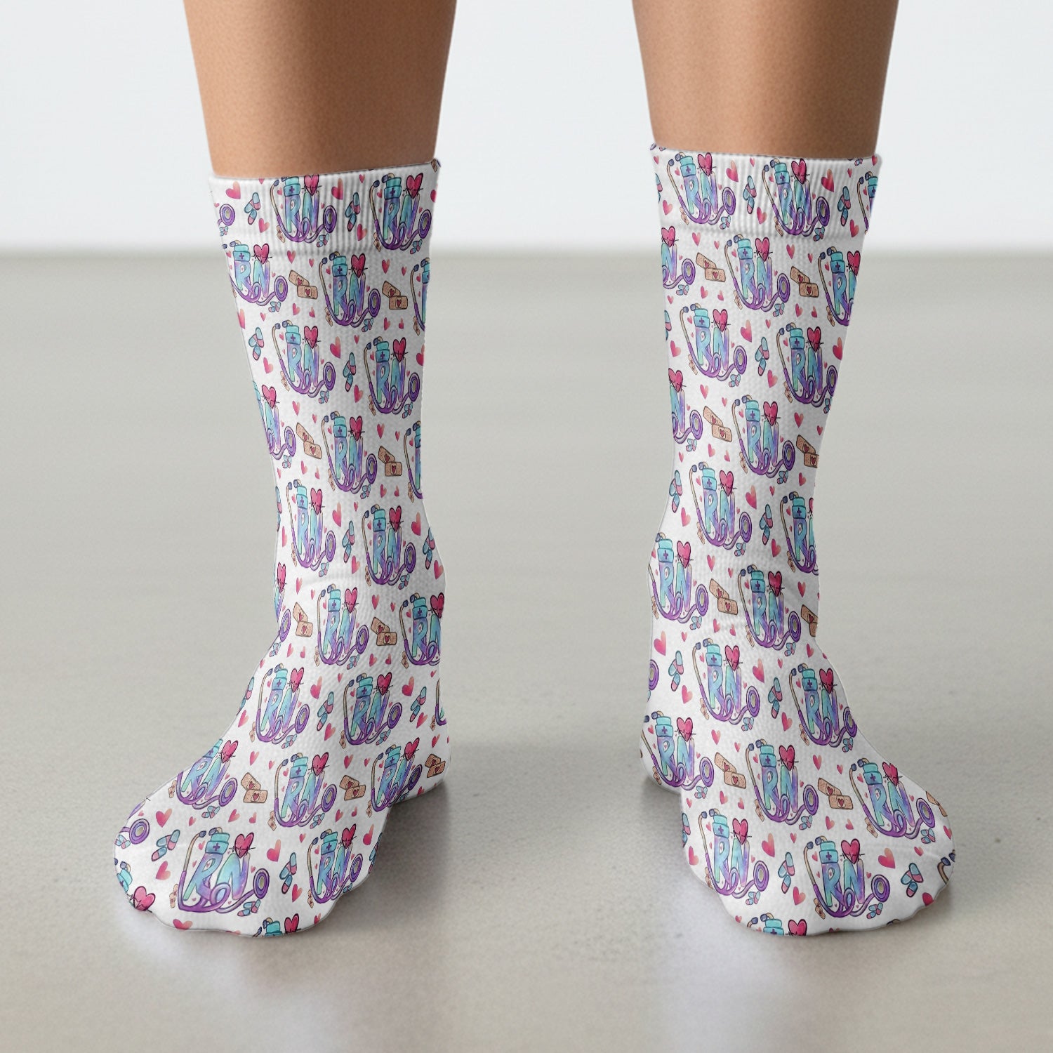Nurse Life RN Heart Pattern Print Socks, Adult Socks for Men and Women