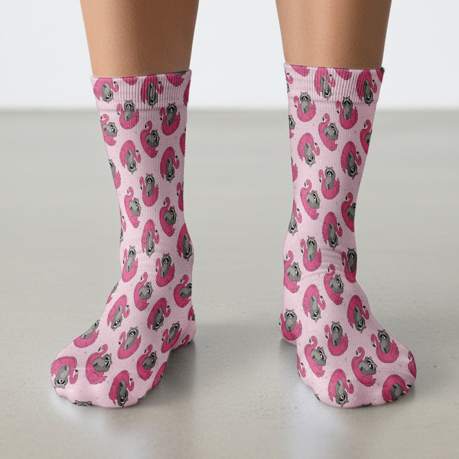 Cute Raccoon Flamingo Float Pattern Socks, Adult Socks for Men and Women