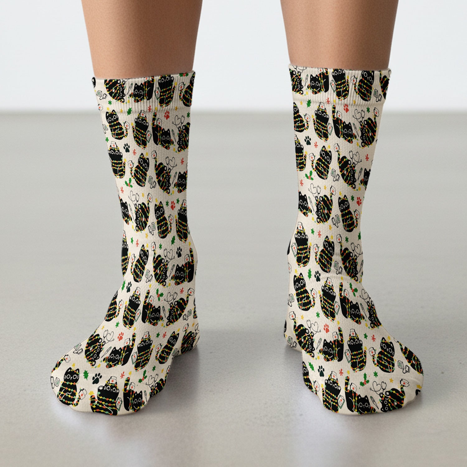 Black Cat Christmas Scrub Socks – Nurse & Holiday Lights Pattern Sock – Cute Medical Uniform For Nursing