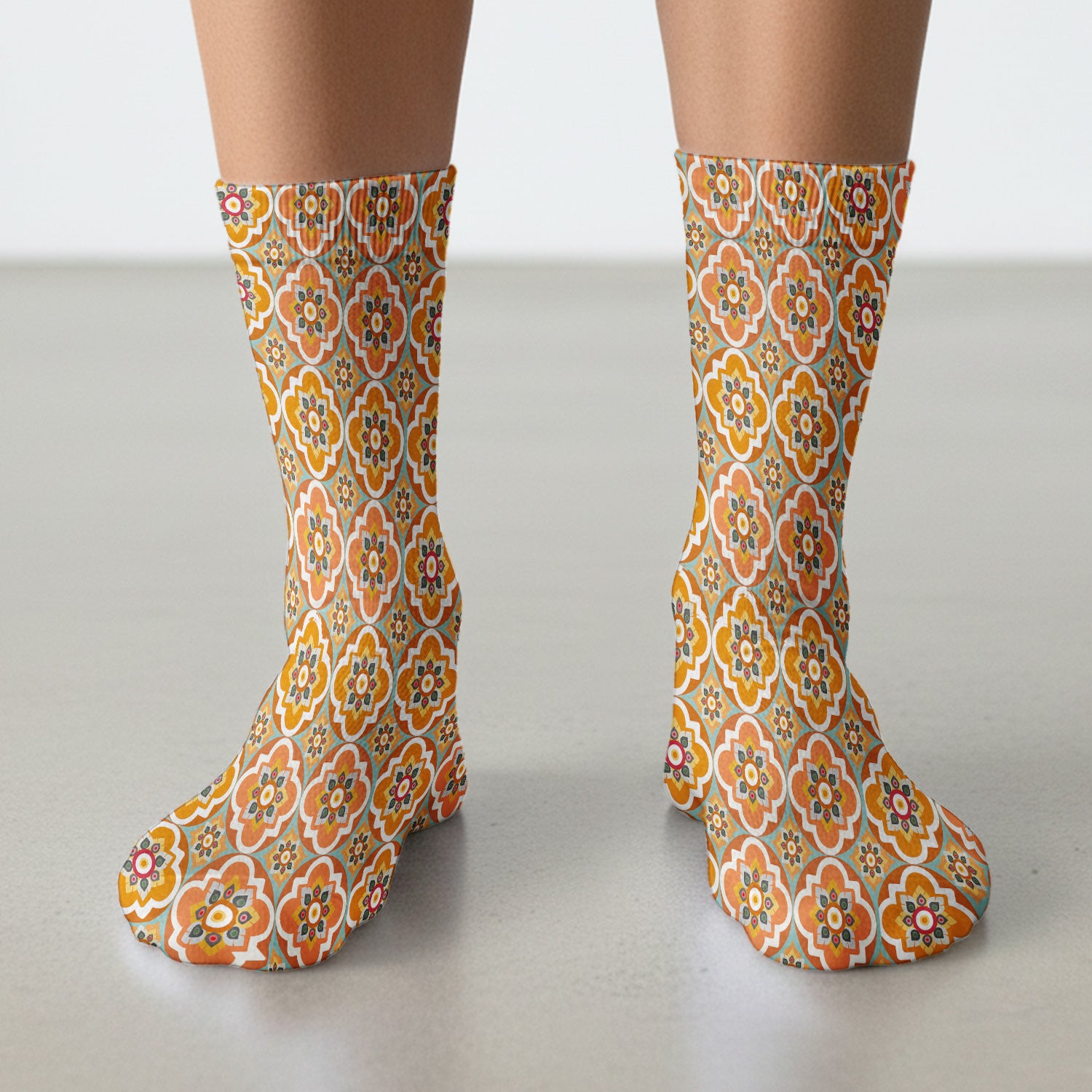 Orange Retro Geometric Floral Pattern Socks, Socks for Nurse Doctor