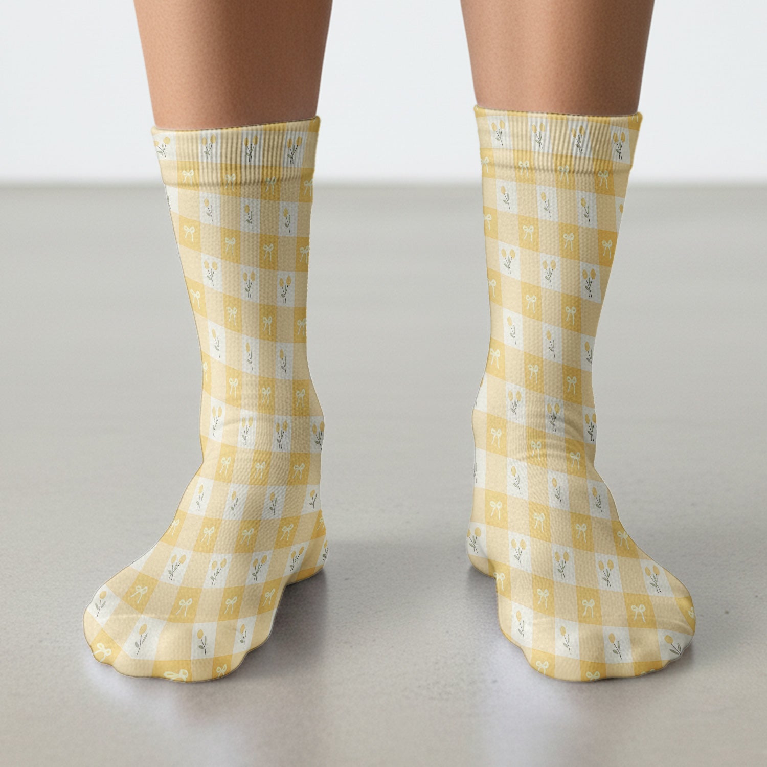 Yellow Gingham Bow Floral Pattern Socks, Breathable Fabrics Medical Uniform