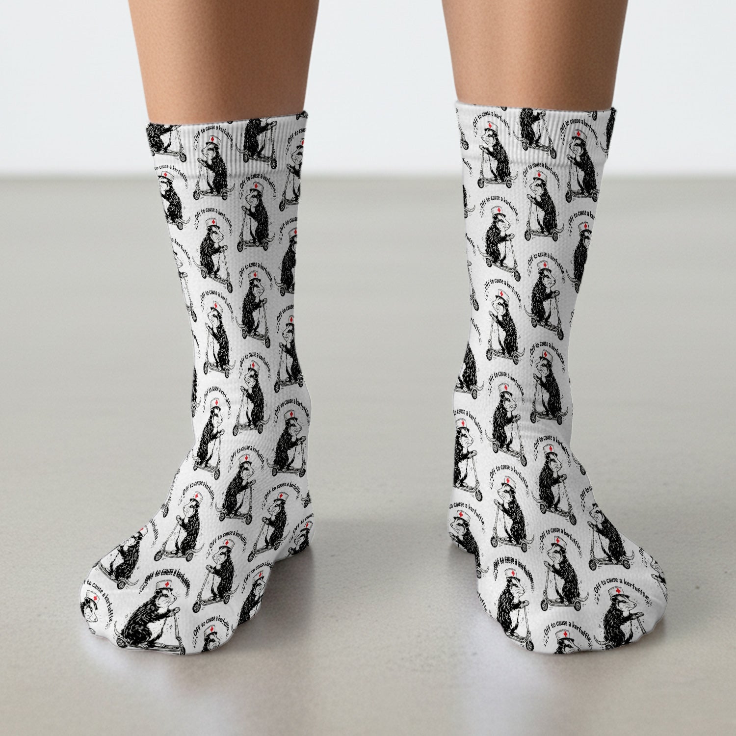 Funny Opossum Nurse Riding Scooter Pattern Socks, Socks for Nurse Doctor