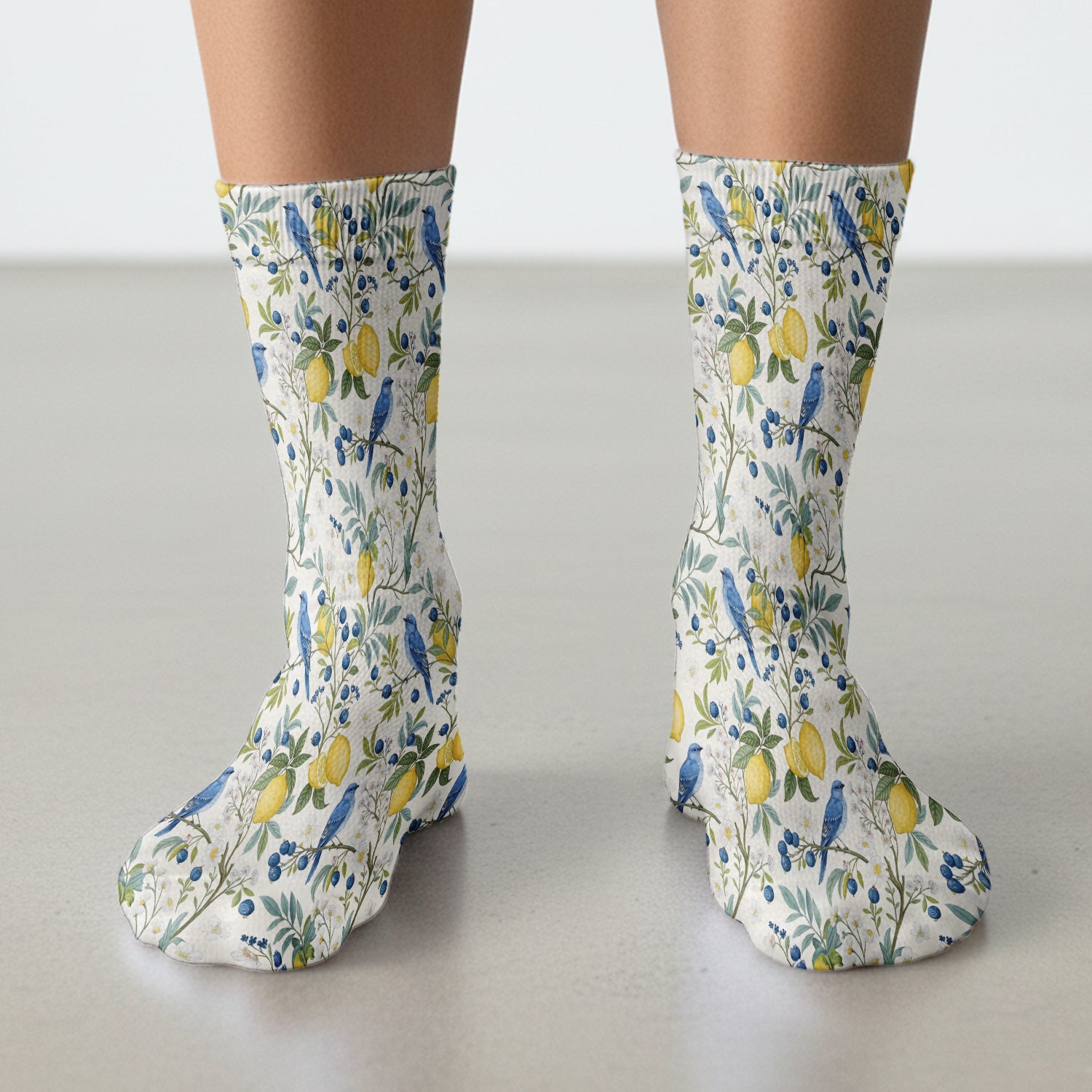 Cute Bluebird Lemon Berry Pattern Socks, Adult Socks for Men and Women