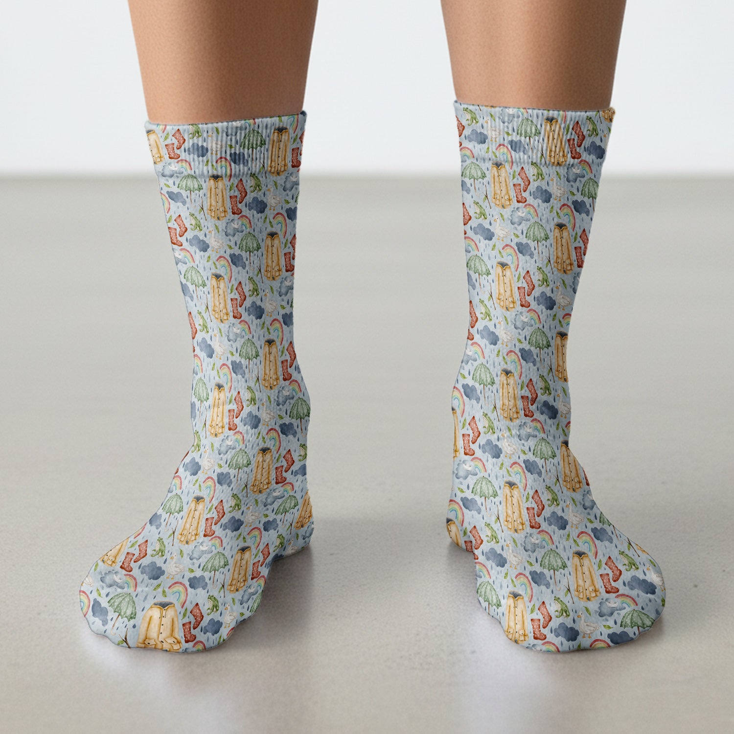 Cute Rainy Day Ducks & Frog Rainbow Pattern Socks, Breathable Fabrics Medical Uniform
