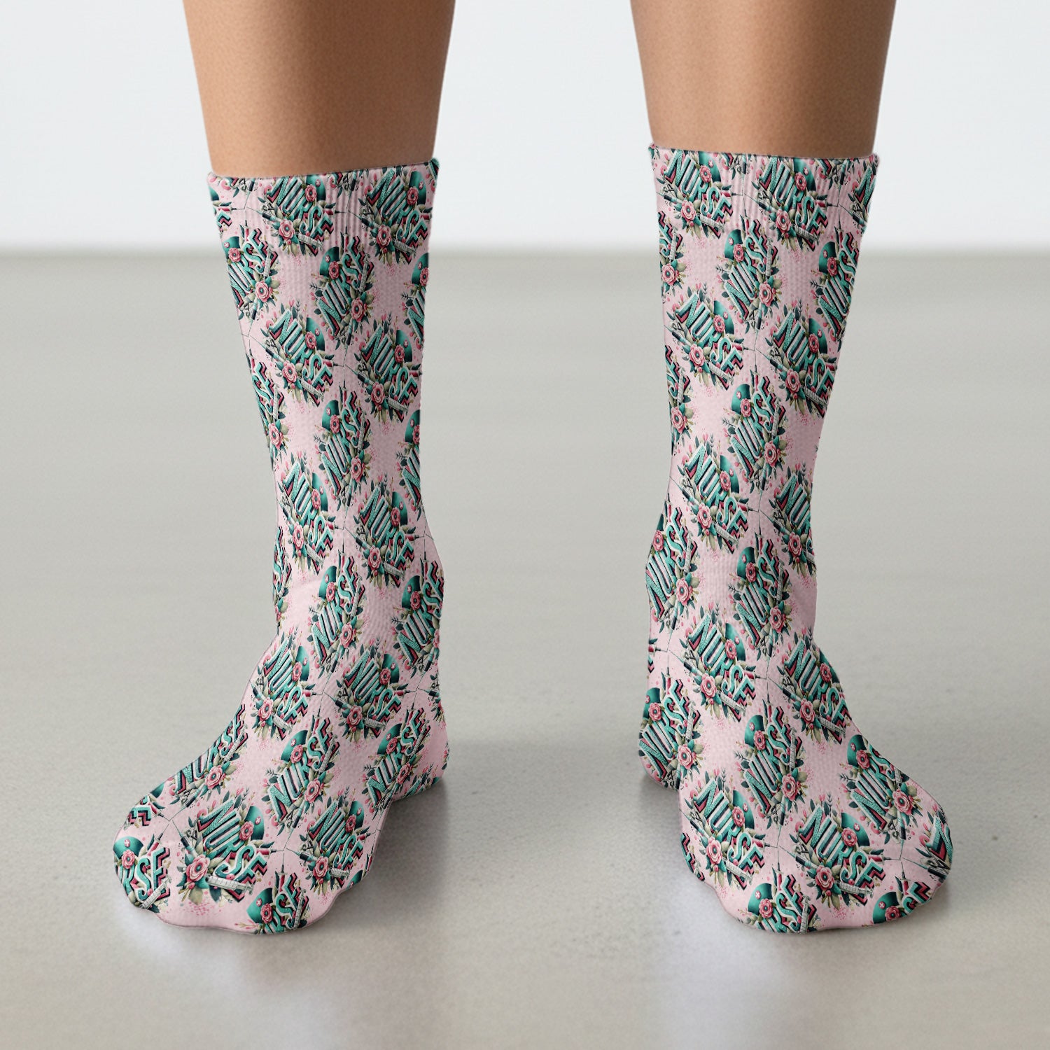 Cute Nurse Typography Floral Medical Pattern Socks, Breathable Fabrics Medical Uniform