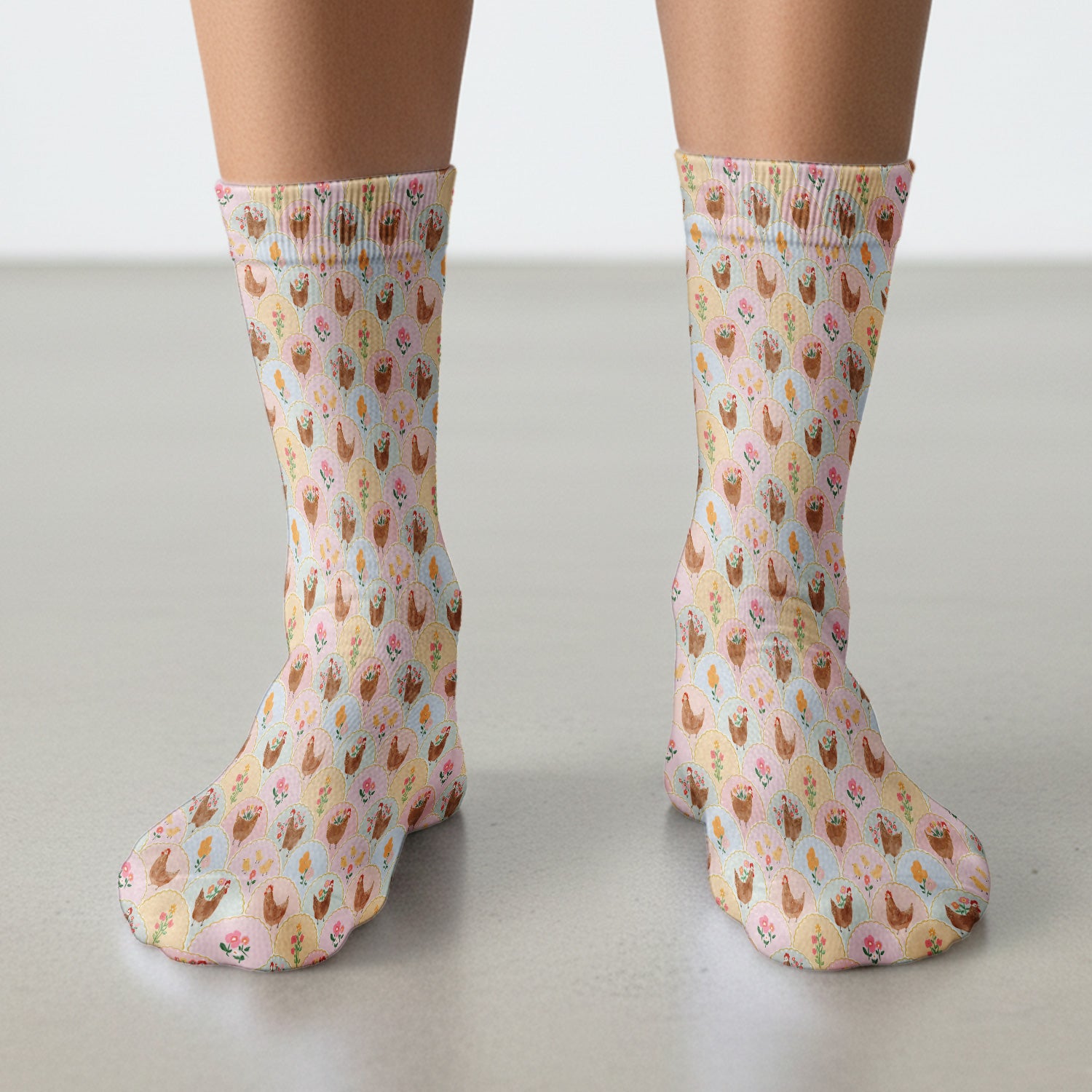 Pastel Chicken With Floral Scrub Sock, Cute Chicken Nursing Uniform For Women