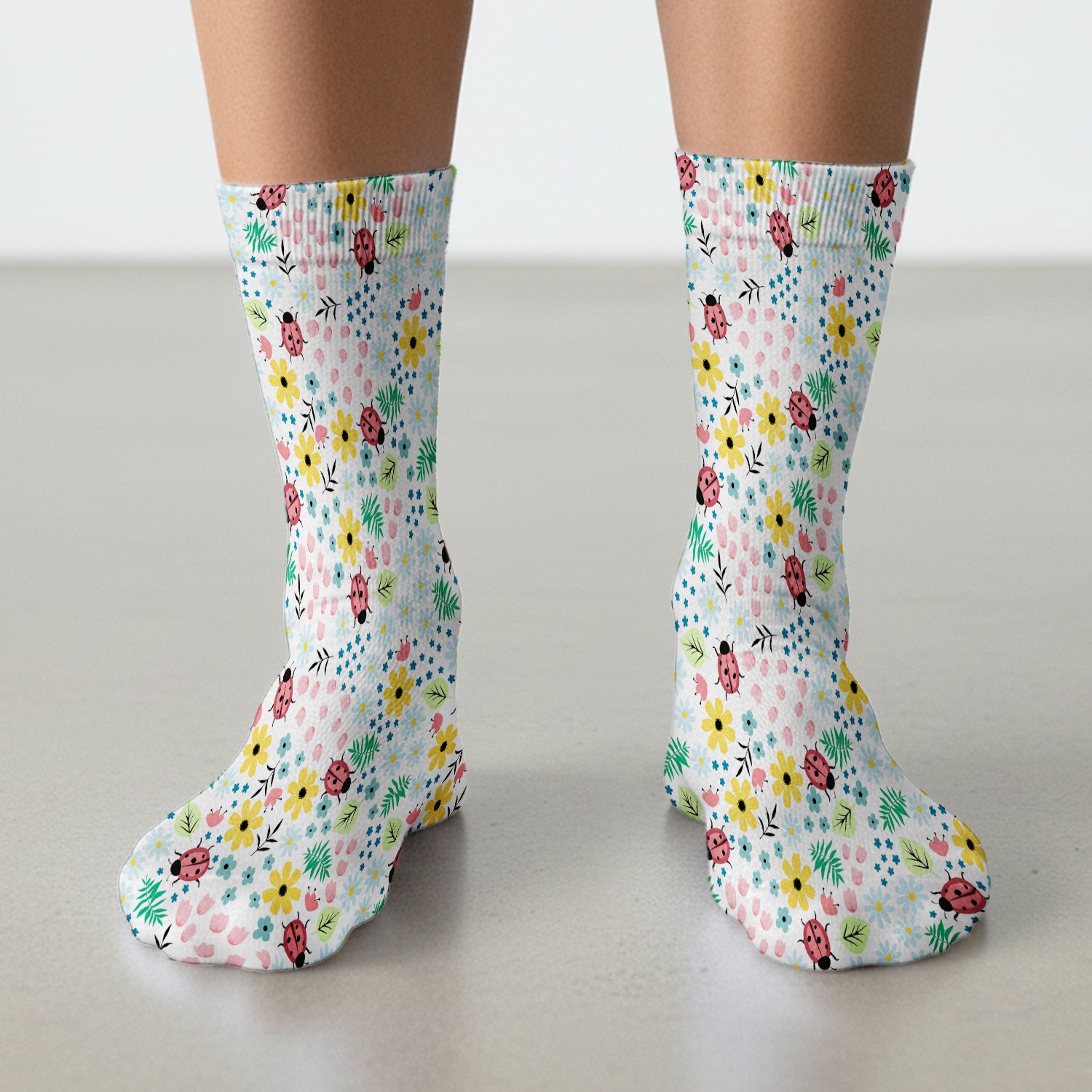 Cute Ladybug Floral Garden Print Socks, Adult Socks for Men and Women