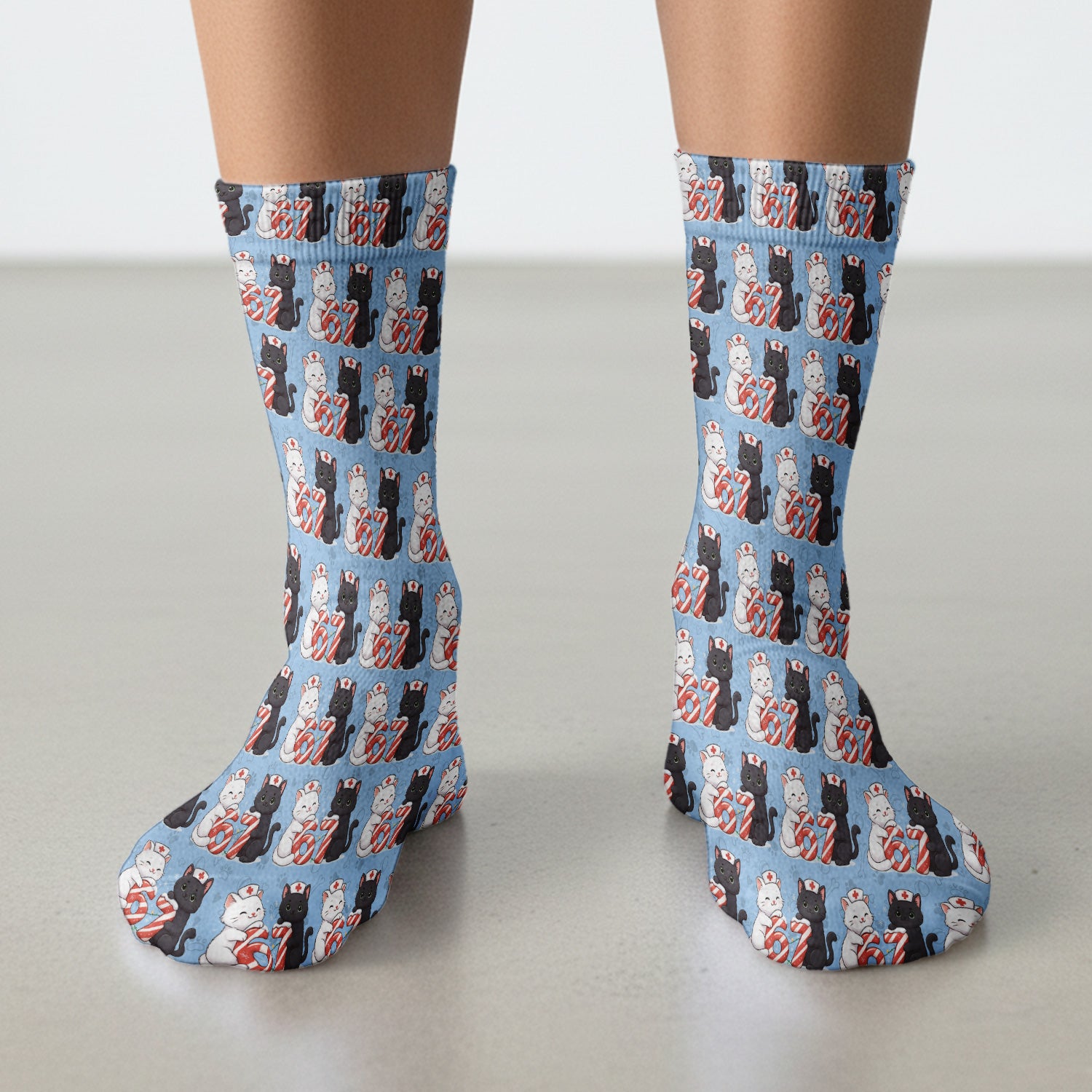 Xmas Cat Pattern Scrub Socks, Christmas Nurse Six Seven With Cat Scrub Sock, Breathable Fabrics Nursing Uniform