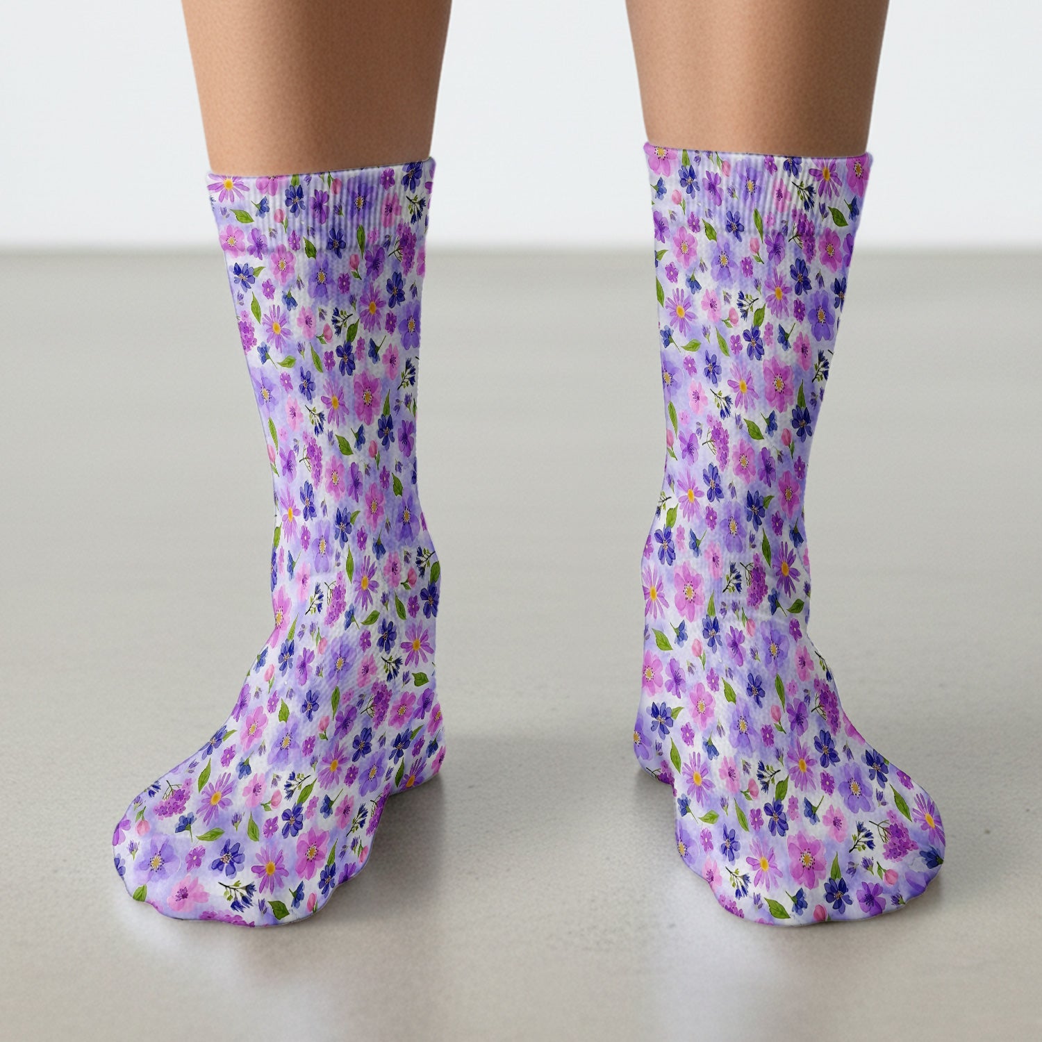Purple Watercolor Wildflower Bloom Pattern Socks, Adult Socks for Men and Women